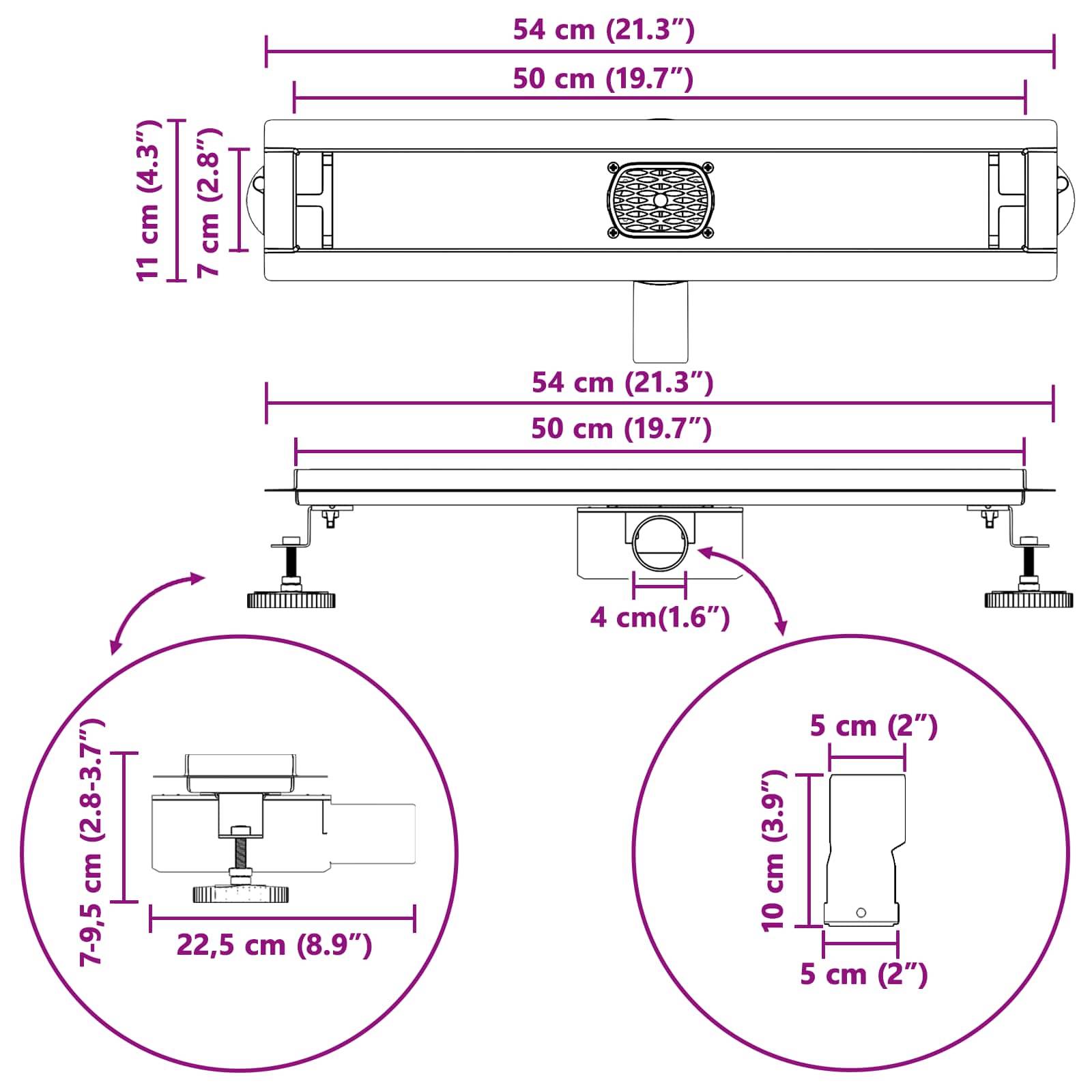 Diagramm eines anpassbaren Tischbeins mit Abmessungen: horizontale Länge 54 cm, Höhenbereich 7-9,5 cm, vertikale Länge 22,5 cm.