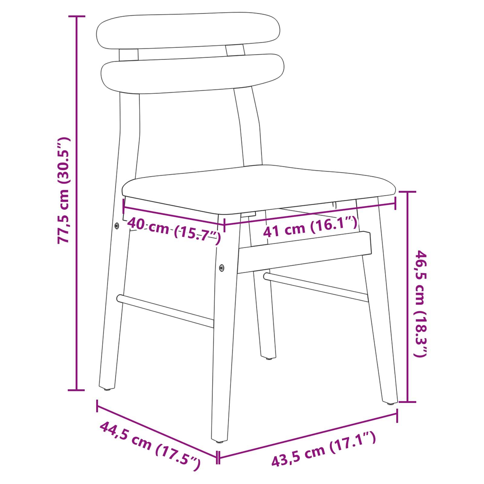 Eine Linienzeichnung eines Stuhls mit Maßen: Höhe 77,5 cm, Sitzhöhe 46,5 cm, Sitzbreite 41 cm, Tiefe 43,5 cm, Breite 44,5 cm.