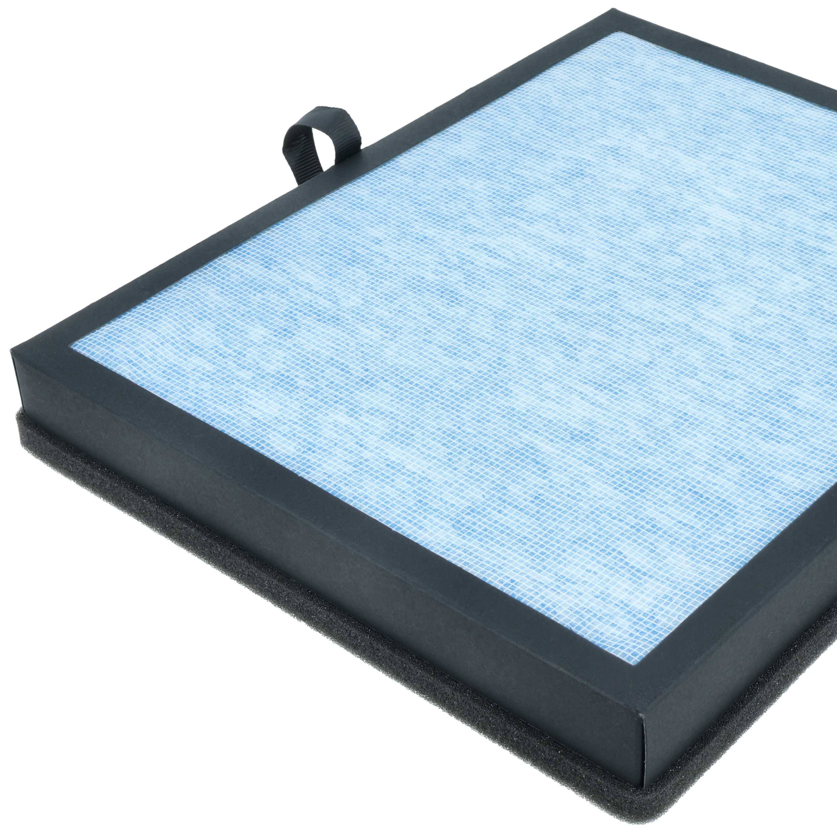 Ein quadratischer Luftfilter mit einer blauen, faserigen Oberfläche und einem schwarzen Rahmen, mit einer Zuglasche für einfache Handhabung.
