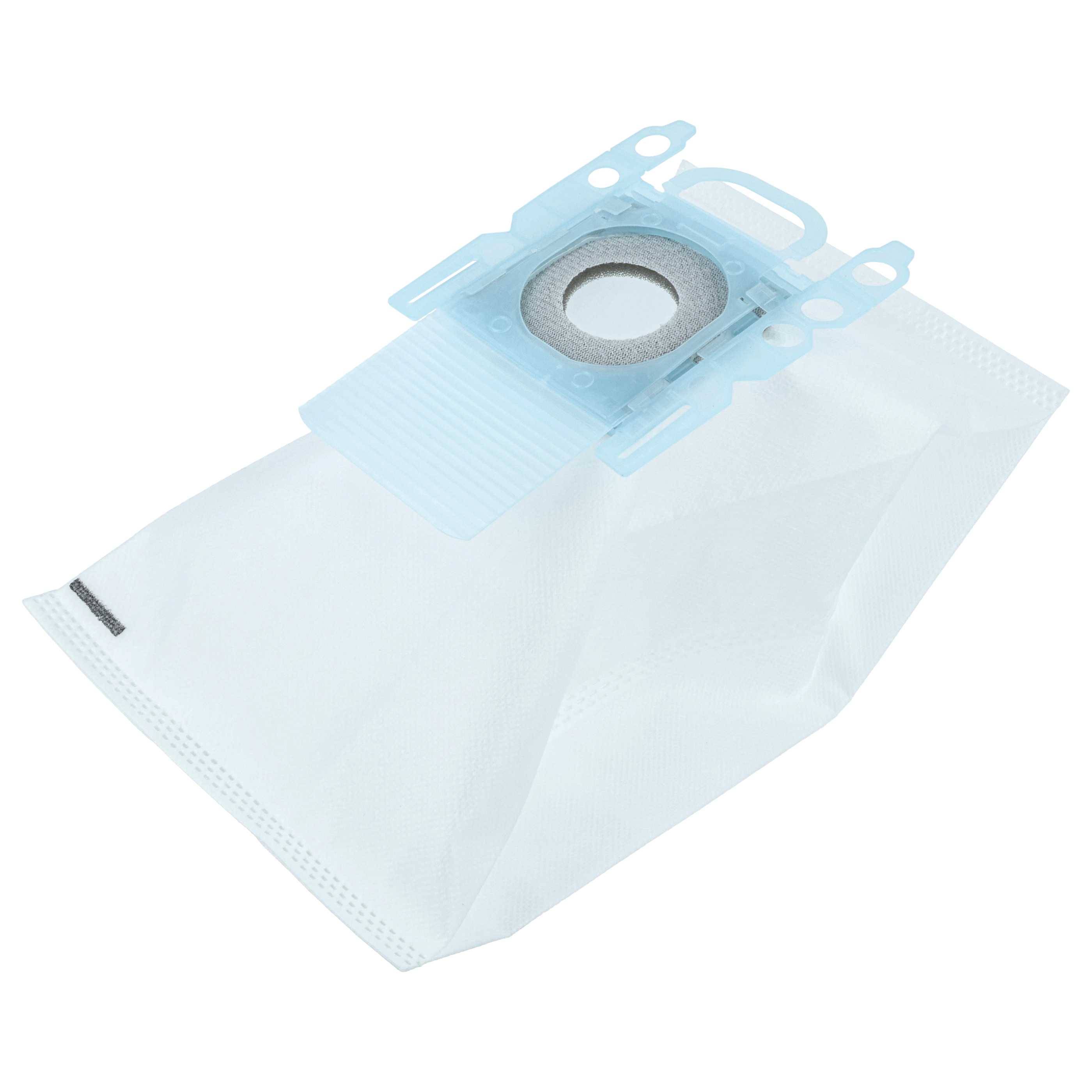 Staubsaugerbeutel mit blauem Kunststoffkragen und weißer Stoffstruktur, geeignet zum Auffangen von Staub und Schmutz während des Reinigens.