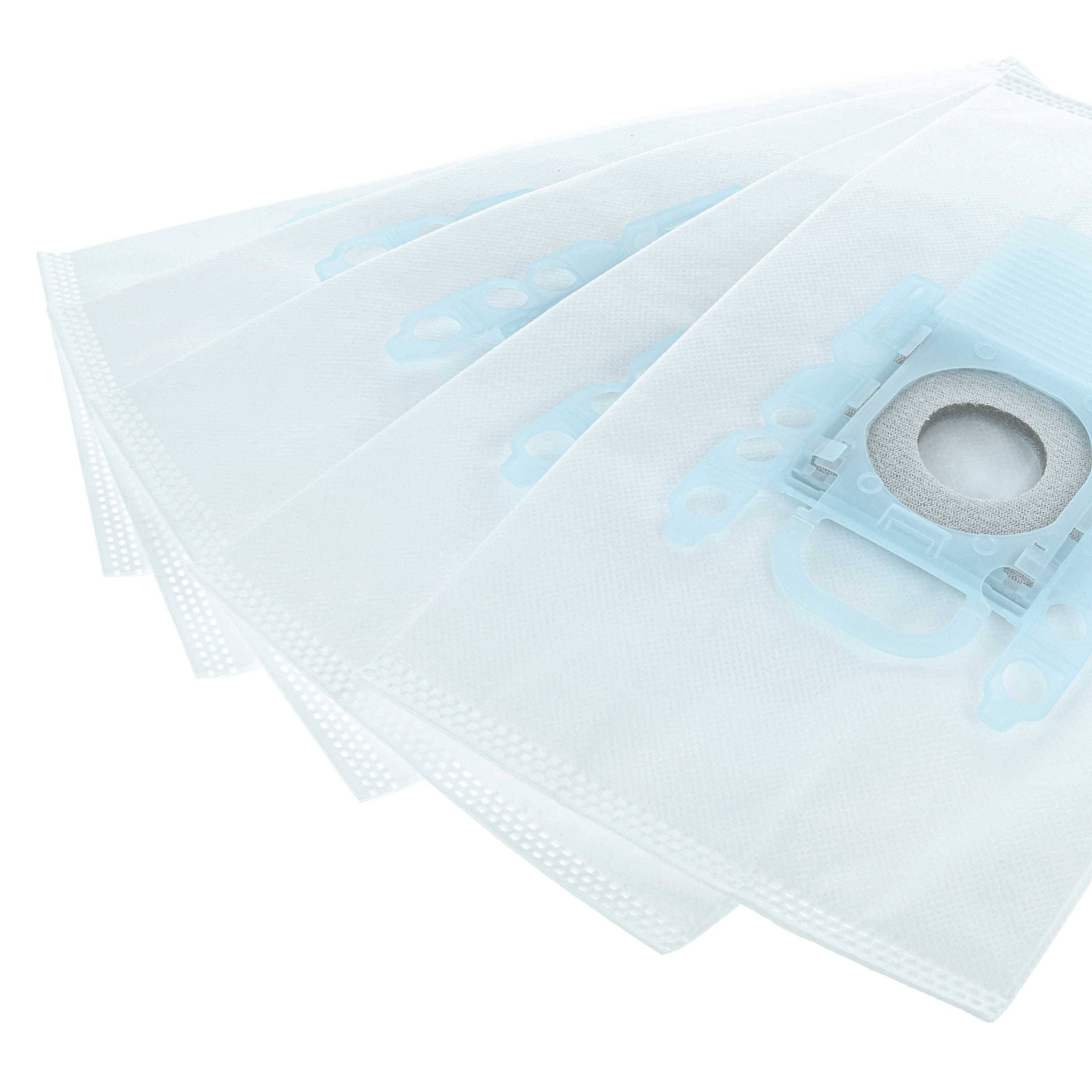 Eine Gruppe von Staubsaugerbeuteln, die übereinander gestapelt sind und deren verstärkte Kanten und kreisförmige Öffnungen für eine sichere Befestigung deutlich zu sehen sind.