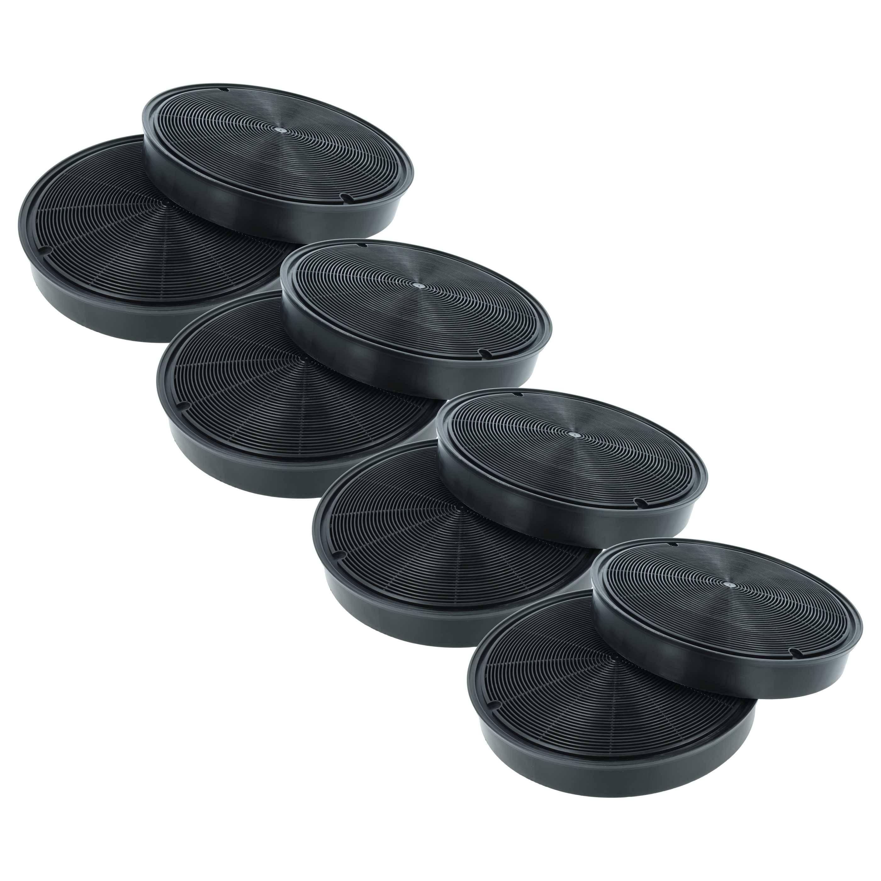 Schwarze Plastikblumenuntersetzer, die in zwei versetzten Reihen angeordnet sind, wobei jede Reihe vier Untertassen enthält. Die Untertassen weisen konzentrische Rillen auf.