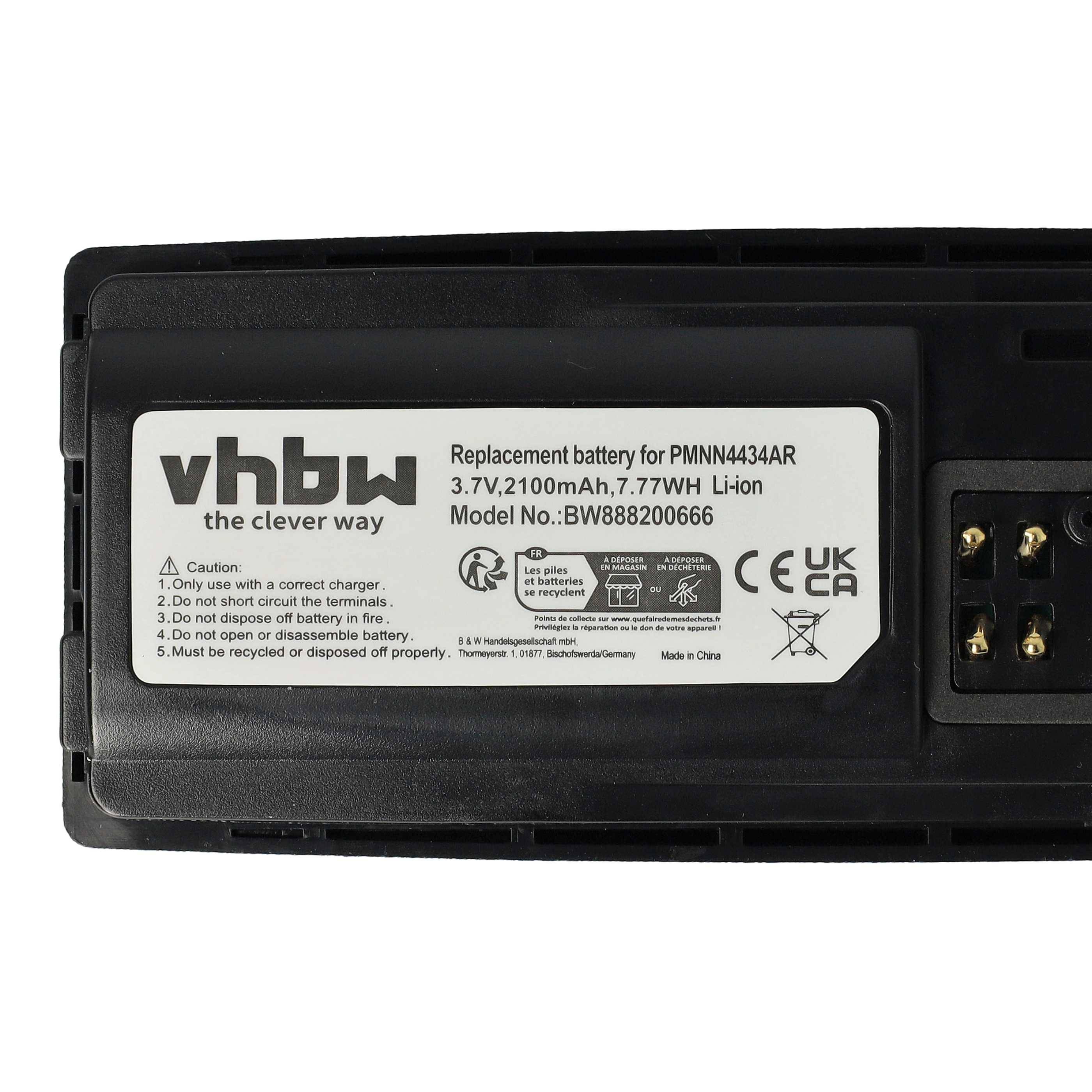 Ersatzbatterie für PMNN4434AR, 3,7V, 2100mAh, 7,77Wh Li-Ion, Modellnummer BWB882020666. Enthält Sicherheitshinweise und Konformitätssymbole.