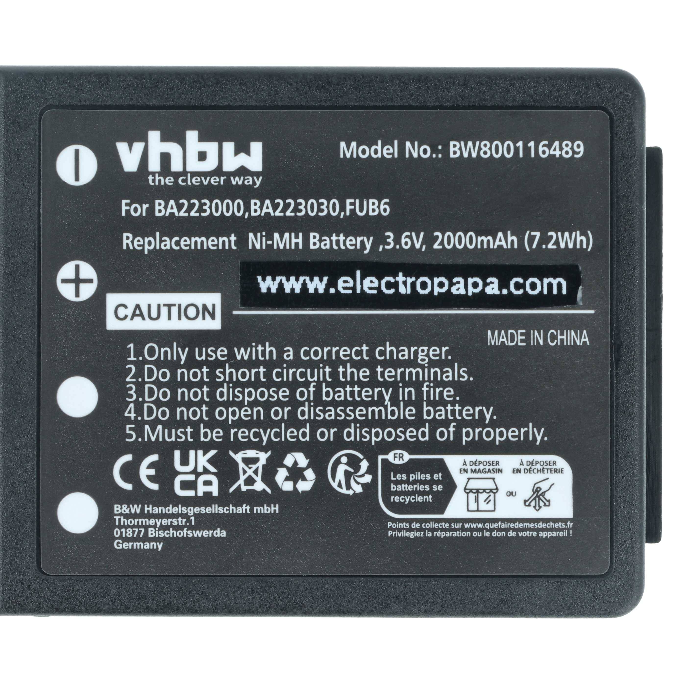 Batterie-Etikett mit Modell BW800116489, 6V, 2000mAh. Anweisungen: Verwenden Sie das richtige Ladegerät, nicht kurzschließen, sicher entsorgen. Hergestellt in China.