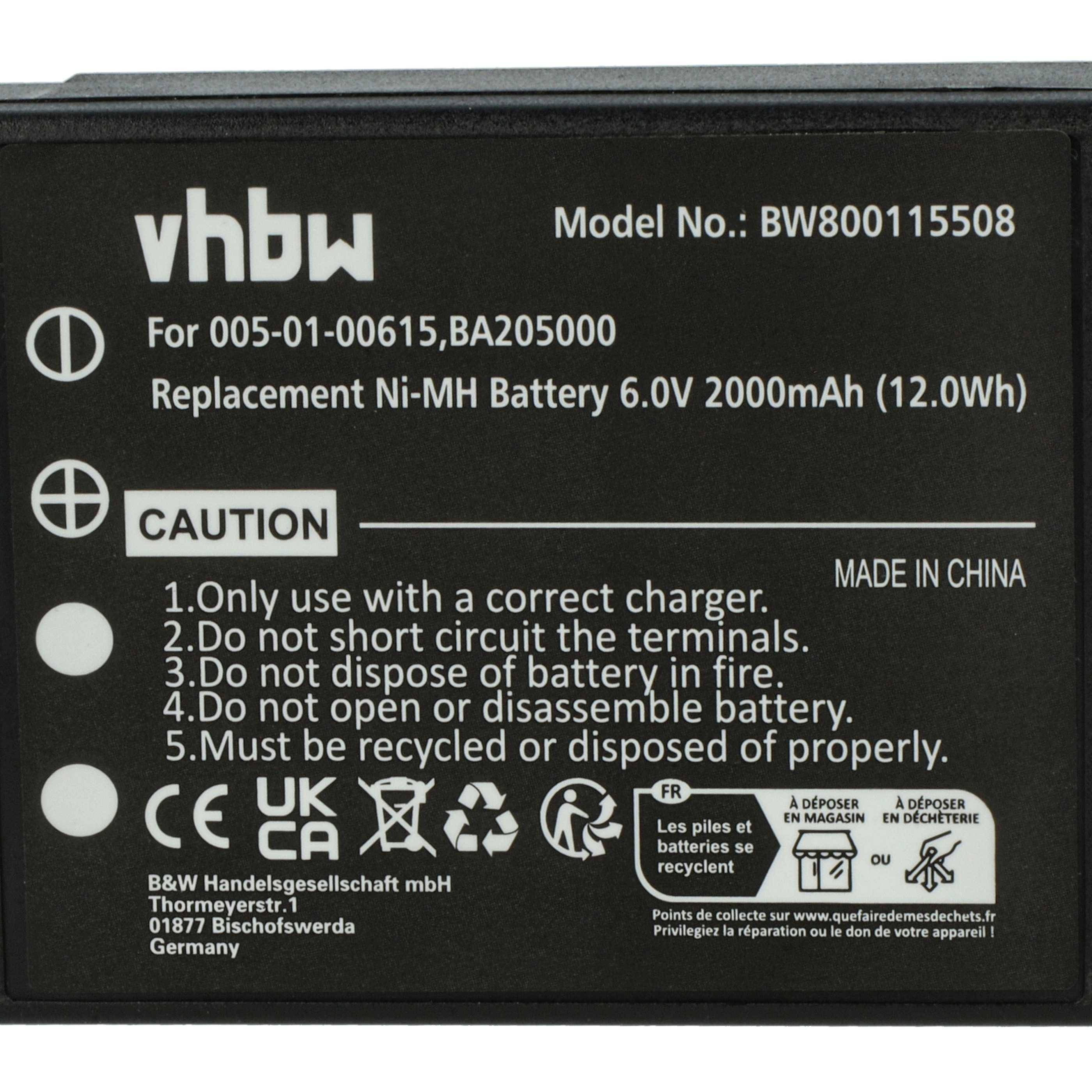 Akkupack mit Modellnummer BW800115508 zum Austausch für Typ 005-01-00615. Er spezifiziert 6,0V, 2000mAh und Sicherheitswarnungen.