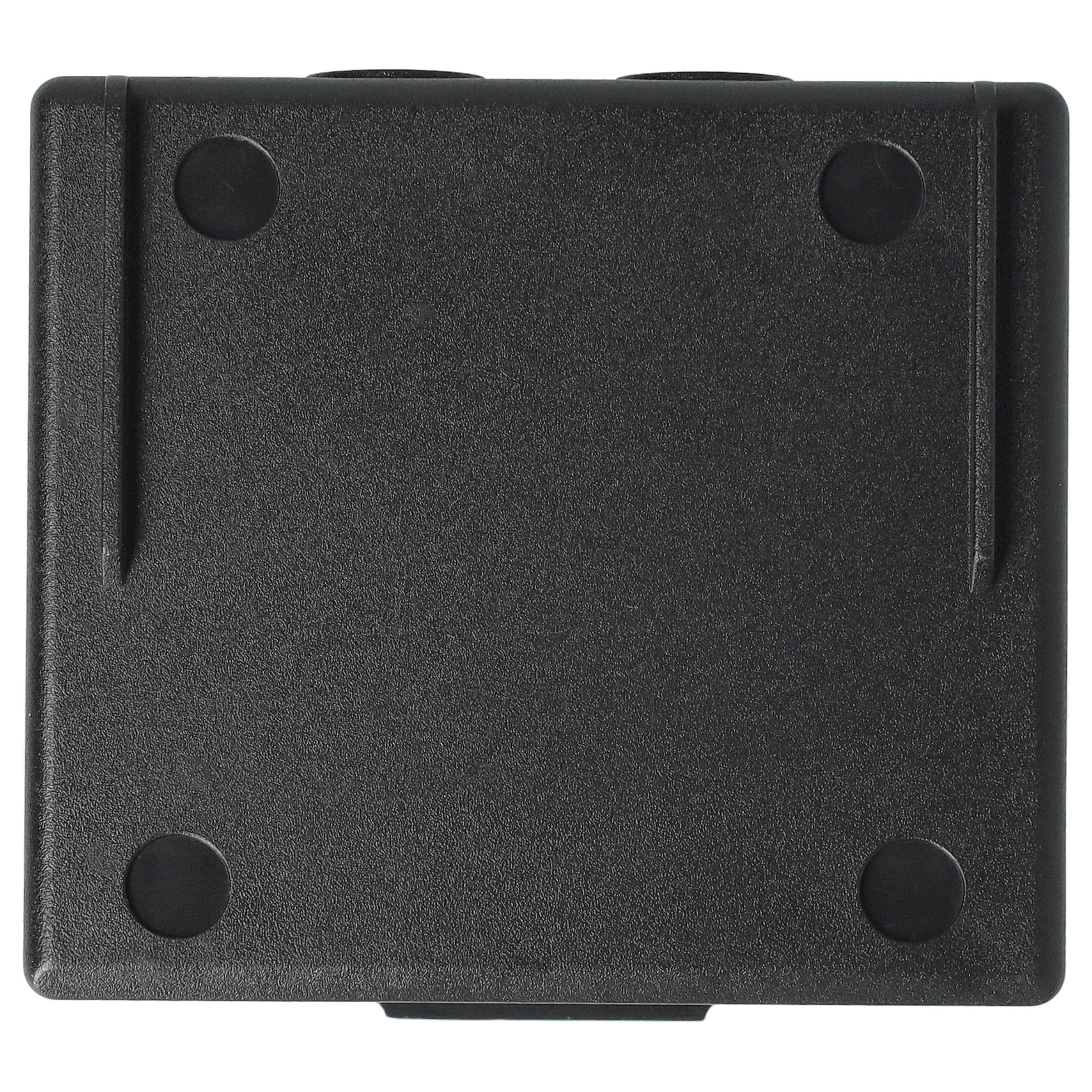 Ein schwarzes quadratisches Gerät mit abgerundeten Ecken und vier kreisförmigen schwarzen Auflageflächen, von oben betrachtet.