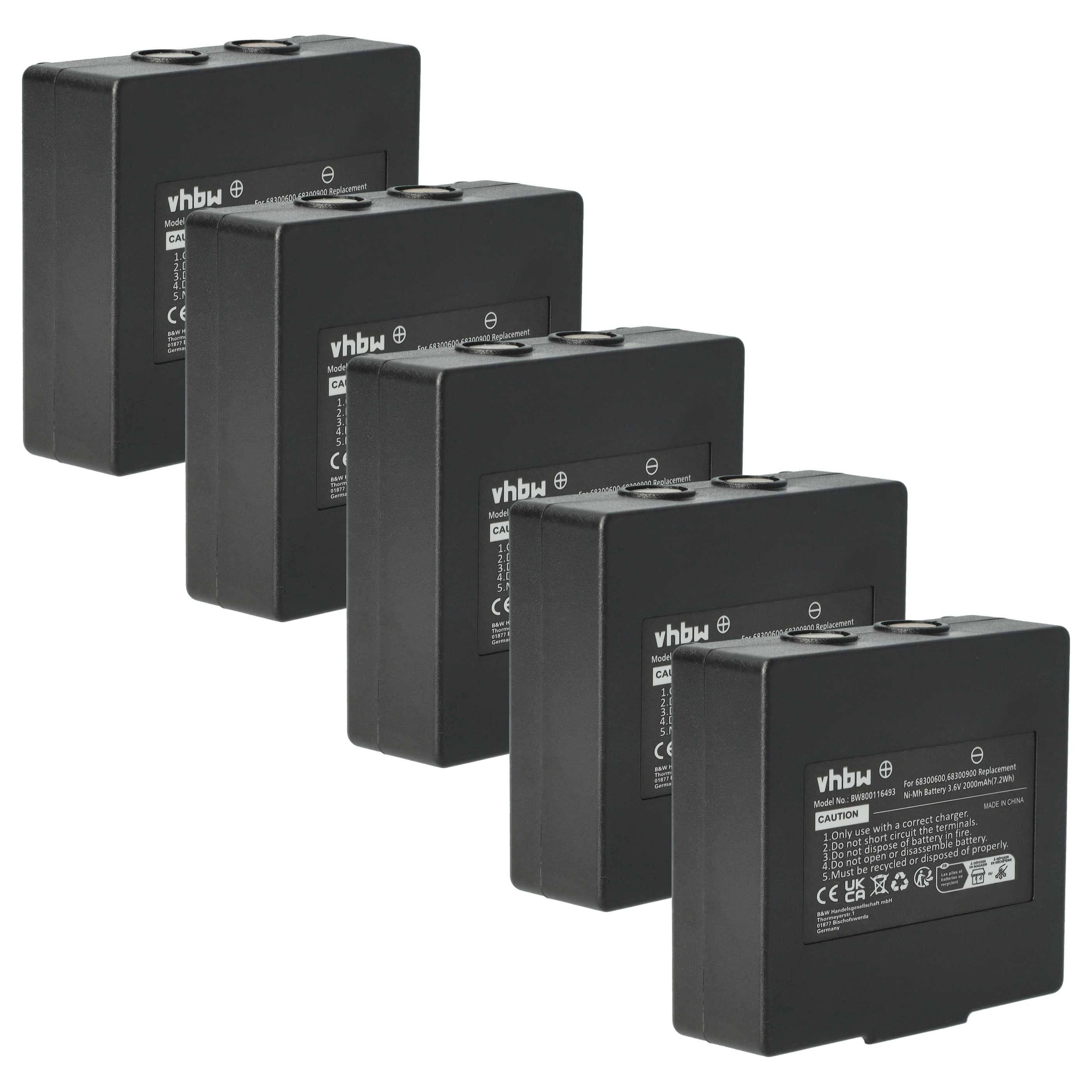 Fünf schwarze vhbw Akkupacks sind ausgerichtet und zeigen ihre Marken- und Spezifikationsetiketten. Geeignet für den Einsatz in verschiedenen elektronischen Geräten.