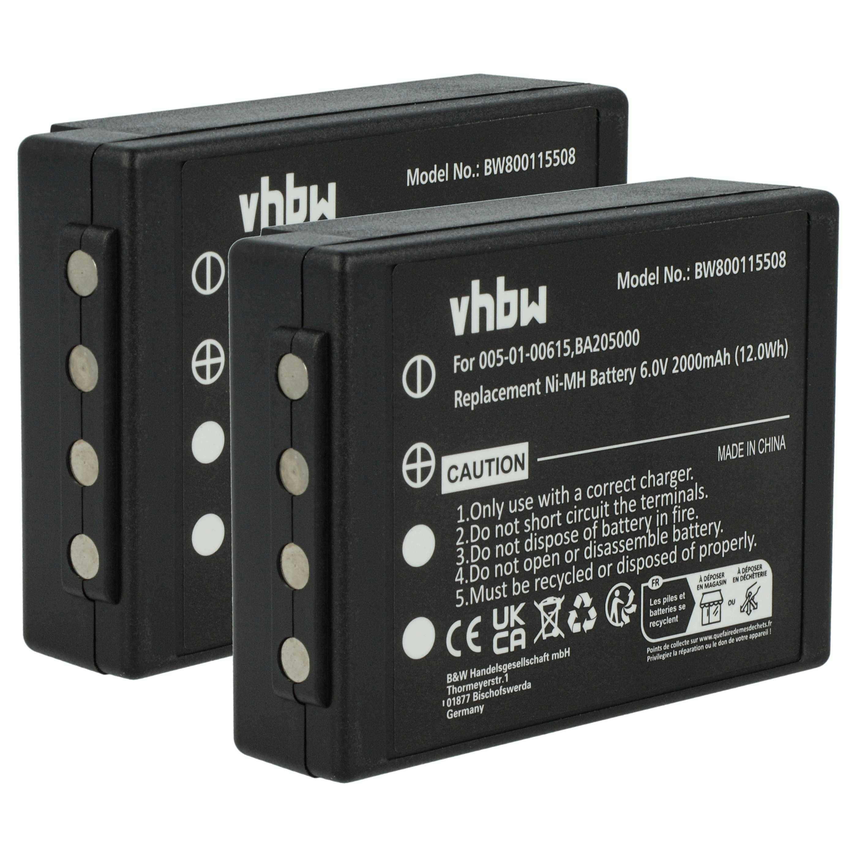 Zwei schwarze wiederaufladbare Batterien mit der Aufschrift 'vhbw', hergestellt in China. Jede mit 6,0V, 2000mAh. Vorsicht: Nur mit dem richtigen Ladegerät verwenden, nicht verbrennen.