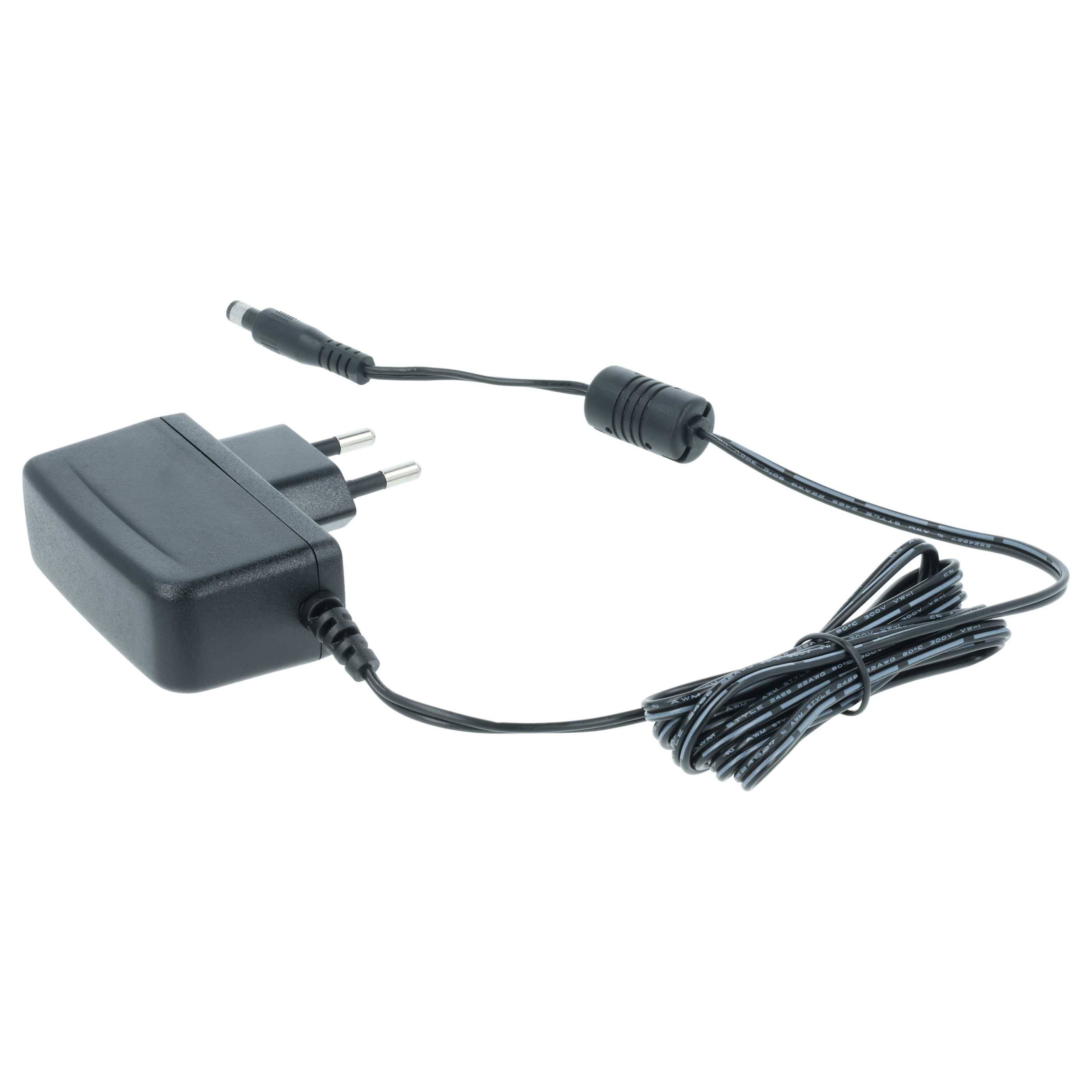 Ein schwarzes Netzteil mit einem zweipckigen Stecker und angeschlossenem Kabel, am Ende aufgewickelt, wird auf einem weißen Hintergrund dargestellt.