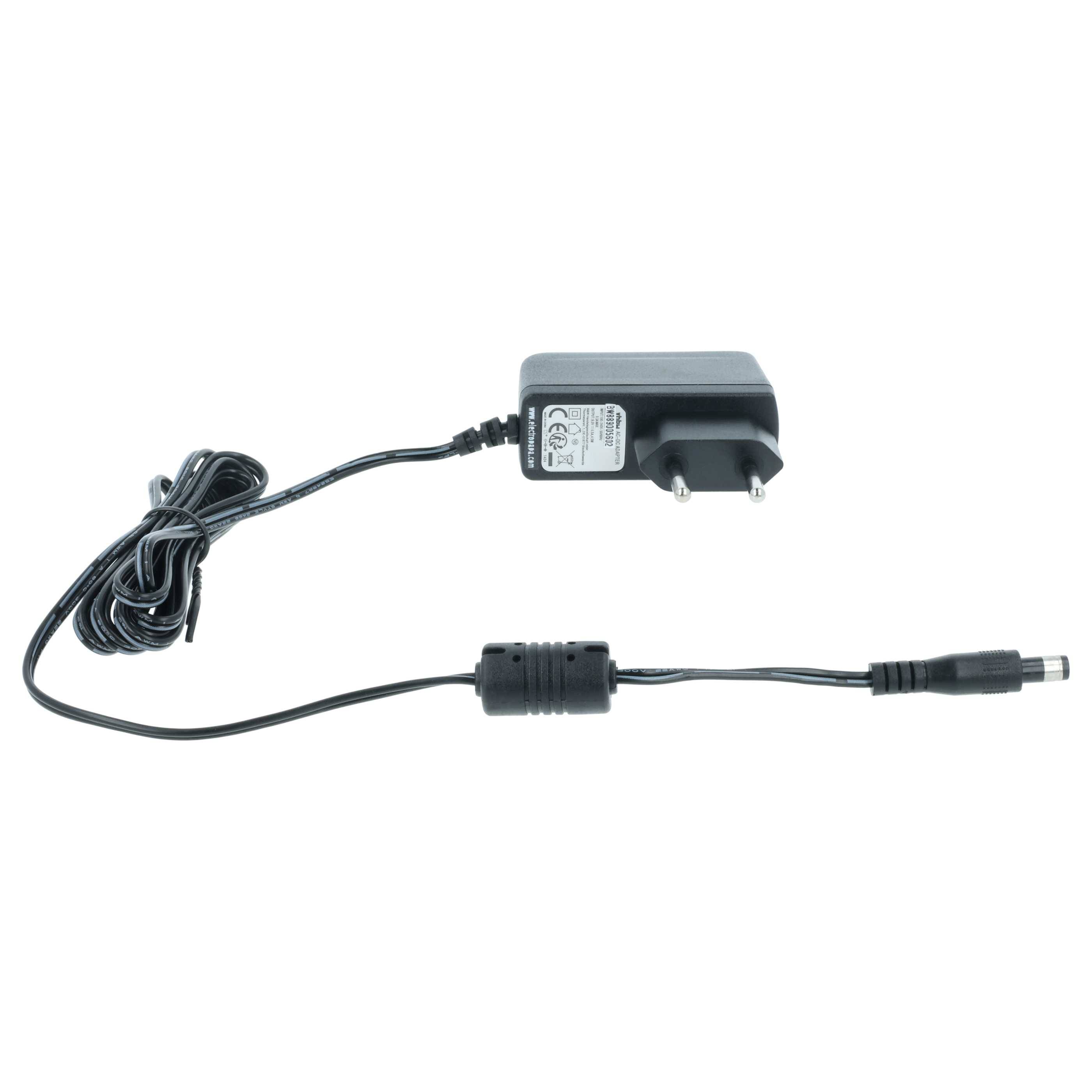 Ein schwarzes Netzteil mit zweipinnigem Stecker und einem langen Kabel, das in einen zylindrischen Anschluss mündet, verwendet für elektronische Geräte.