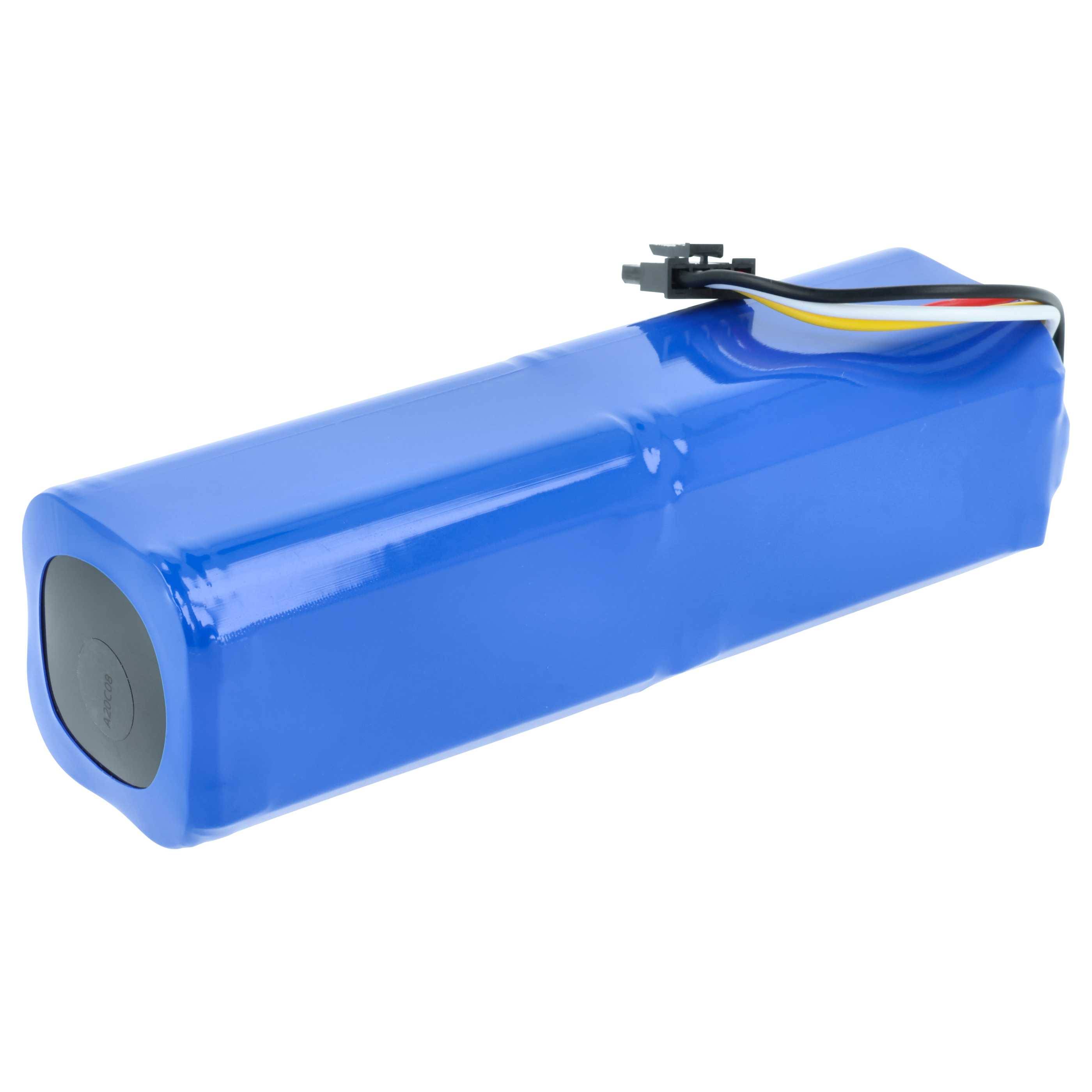 Ein blauer rechteckiger Akkupack mit schwarzen, gelben, roten und weißen Kabeln, die von einem Ende abstehen. Geeignet für elektronische Geräte.