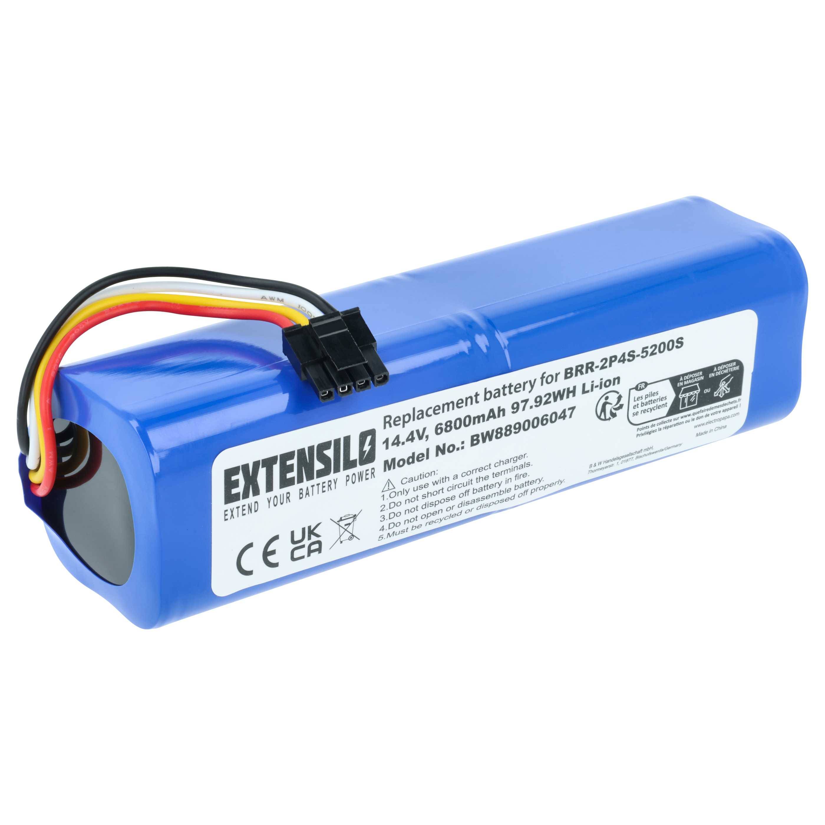 Blauer zylindrischer Akku mit der Aufschrift 'Extentisilo', versehen mit Kabeln und Stecker, Spezifikationen: 14,4V, 6800mAh, 97,92Wh, Lithium-Ionen.