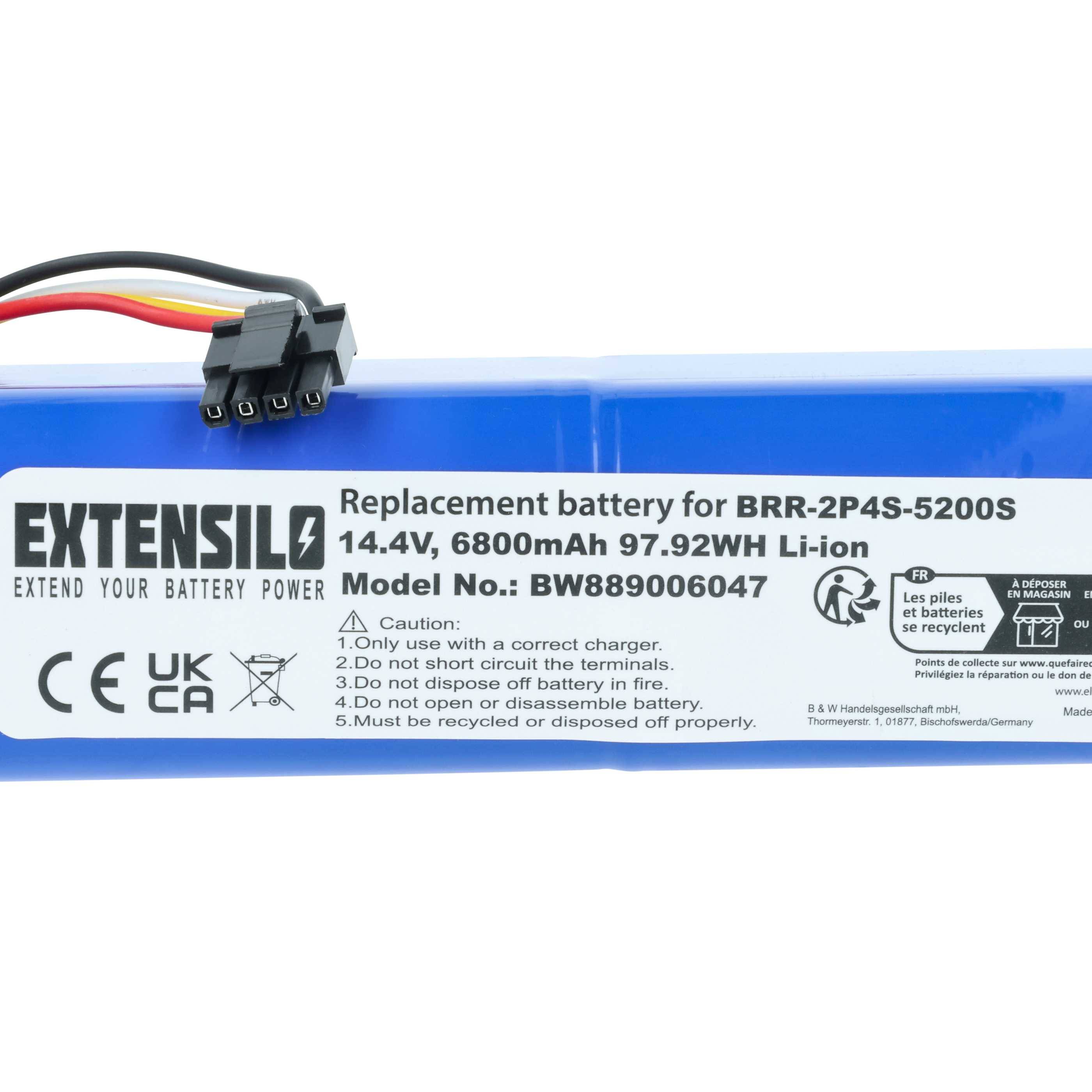 Bild eines Batterielabels mit der Marke 'Extensilo', Spezifikationen '14,4V, 6800mAh 97,92Wh Li-ion' und der Modellnummer 'BW889006047'.