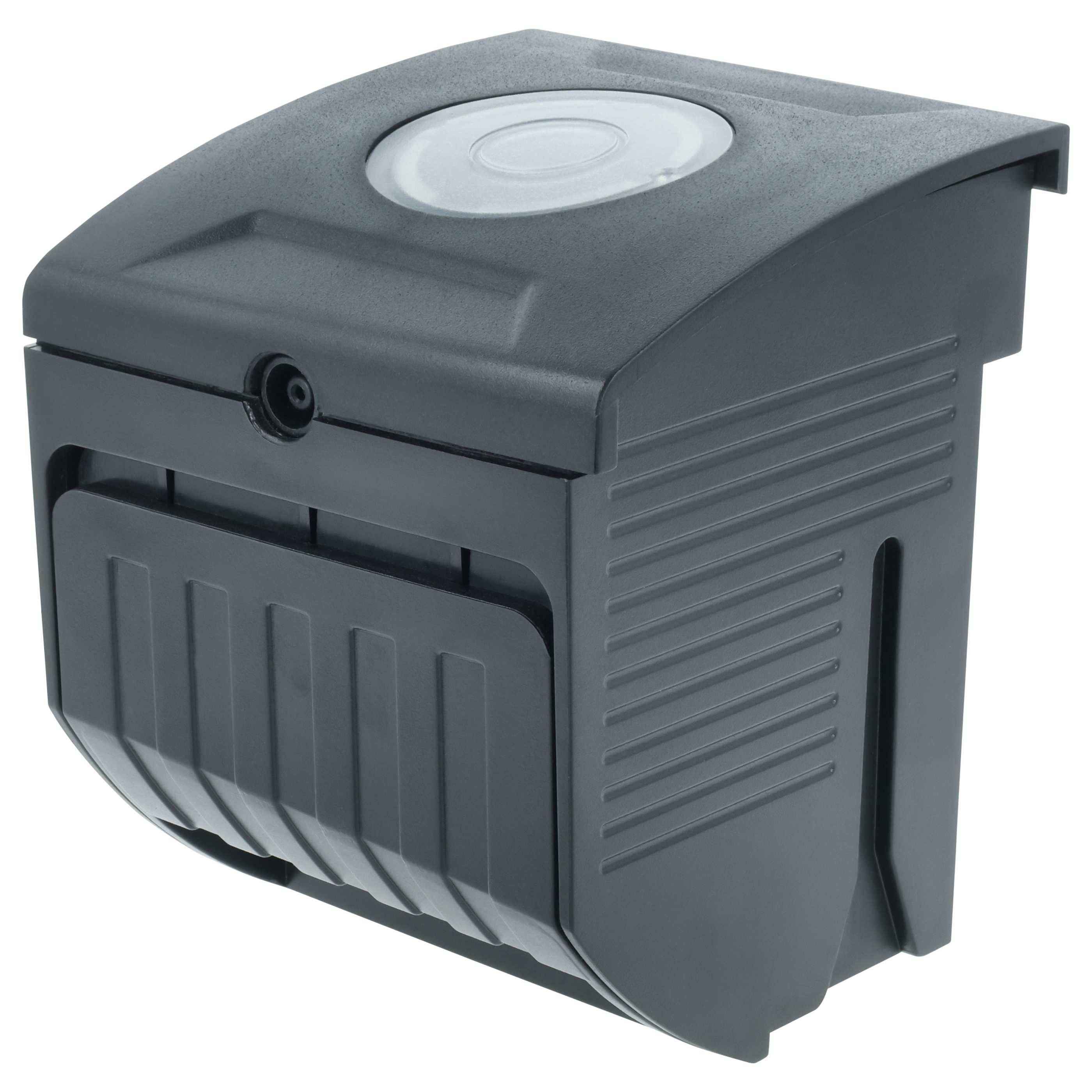 Eine schwarze Kunststoffgehäuse mit einer kreisförmigen oberen Komponente, wahrscheinlich zur Aufnahme von elektronischen oder mechanischen Bauteilen verwendet.