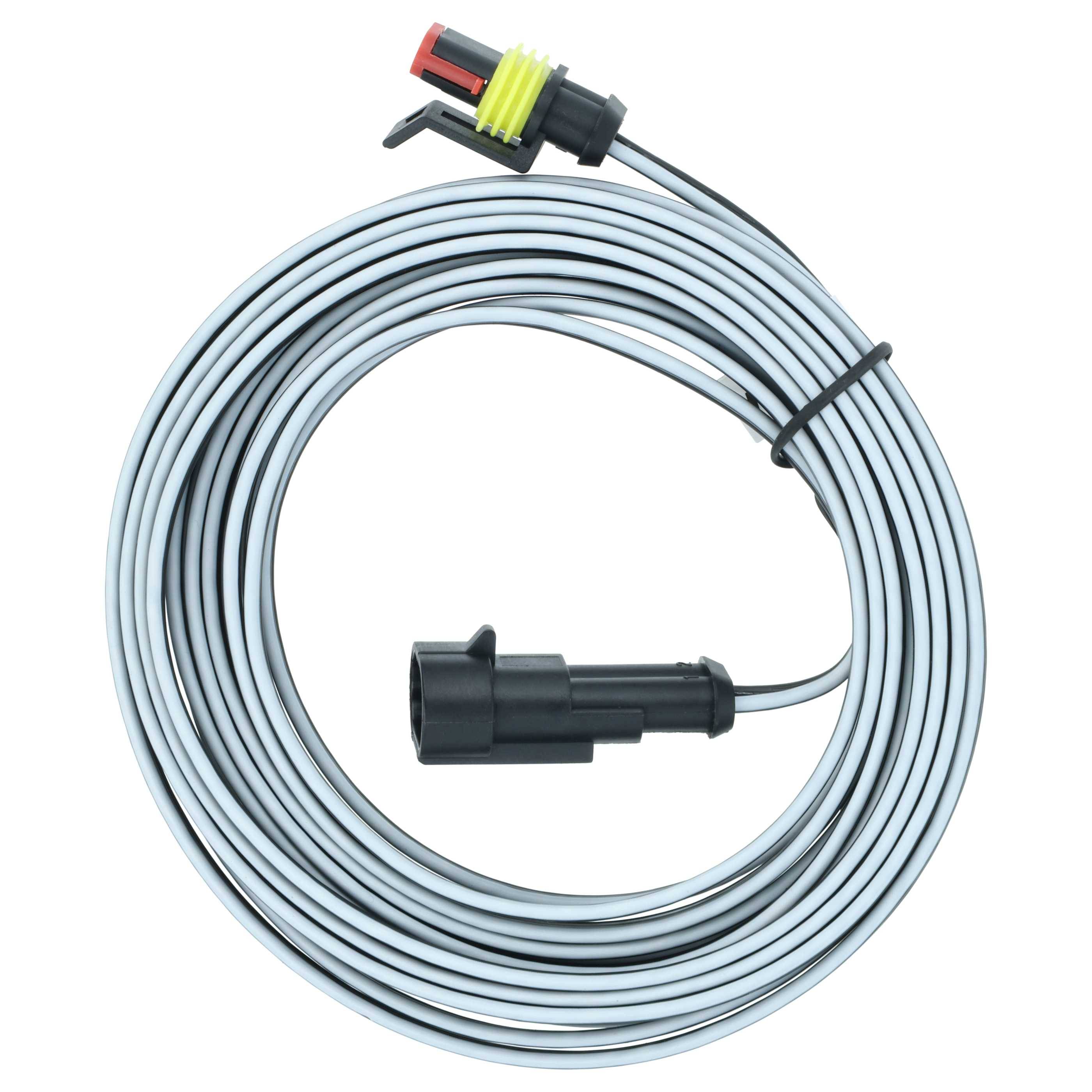 Ein aufgerolltes, silbernes Automotive-Verlängerungskabel mit einem schwarzen Stecker an einem Ende und einem roten und gelben Stecker am anderen Ende.