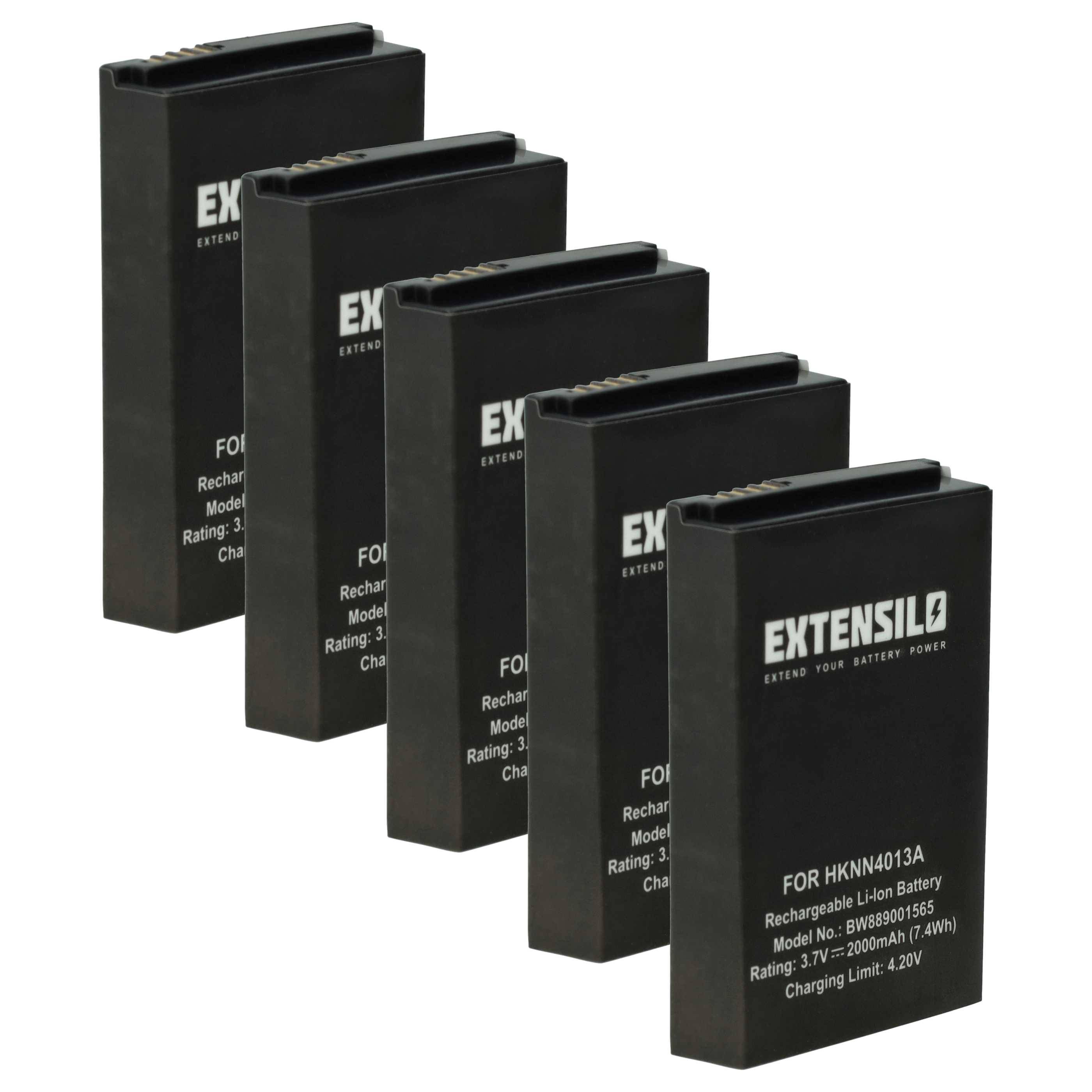 Fünf Extensilo wiederaufladbare Lithium-Ionen-Batterien, gekennzeichnet für das Modell 'HKN4013A', stehen nebeneinander aufrecht und präsentieren die Produktmarke.