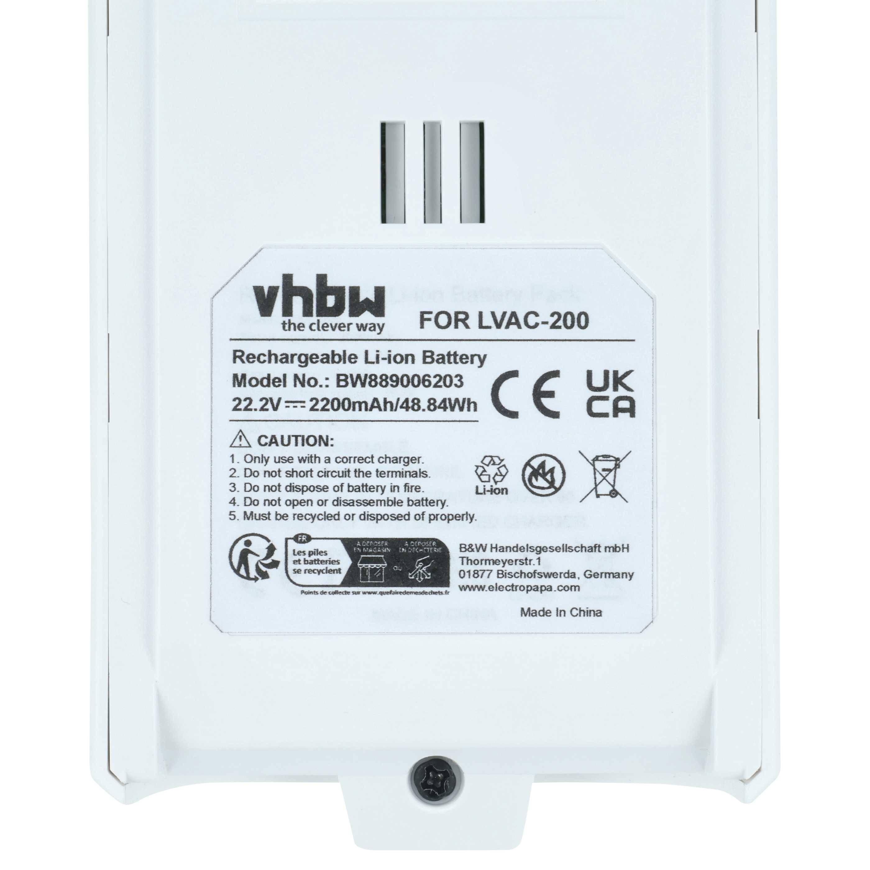 Eine weiße wiederaufladbare Li-Ionen-Batterie für einen Staubsauger, Modell 'BWB89060203', mit Sicherheitswarnungen und Zertifizierungen.