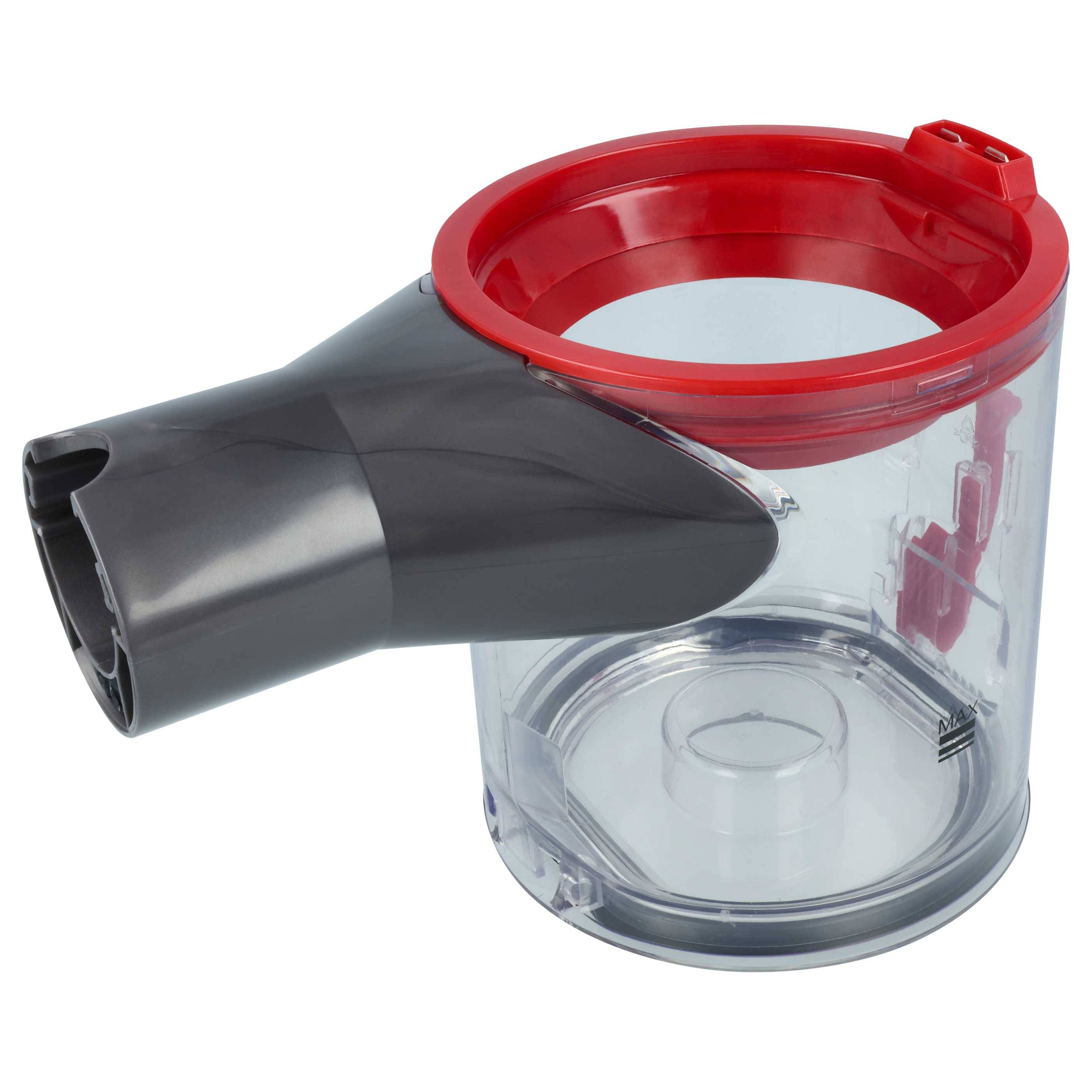 Ein transparenter Staubsaugerbehälter mit rotem Deckel und dunkelgrauer Düse, der zum Sammeln und Aufbewahren von Schmutz verwendet wird.