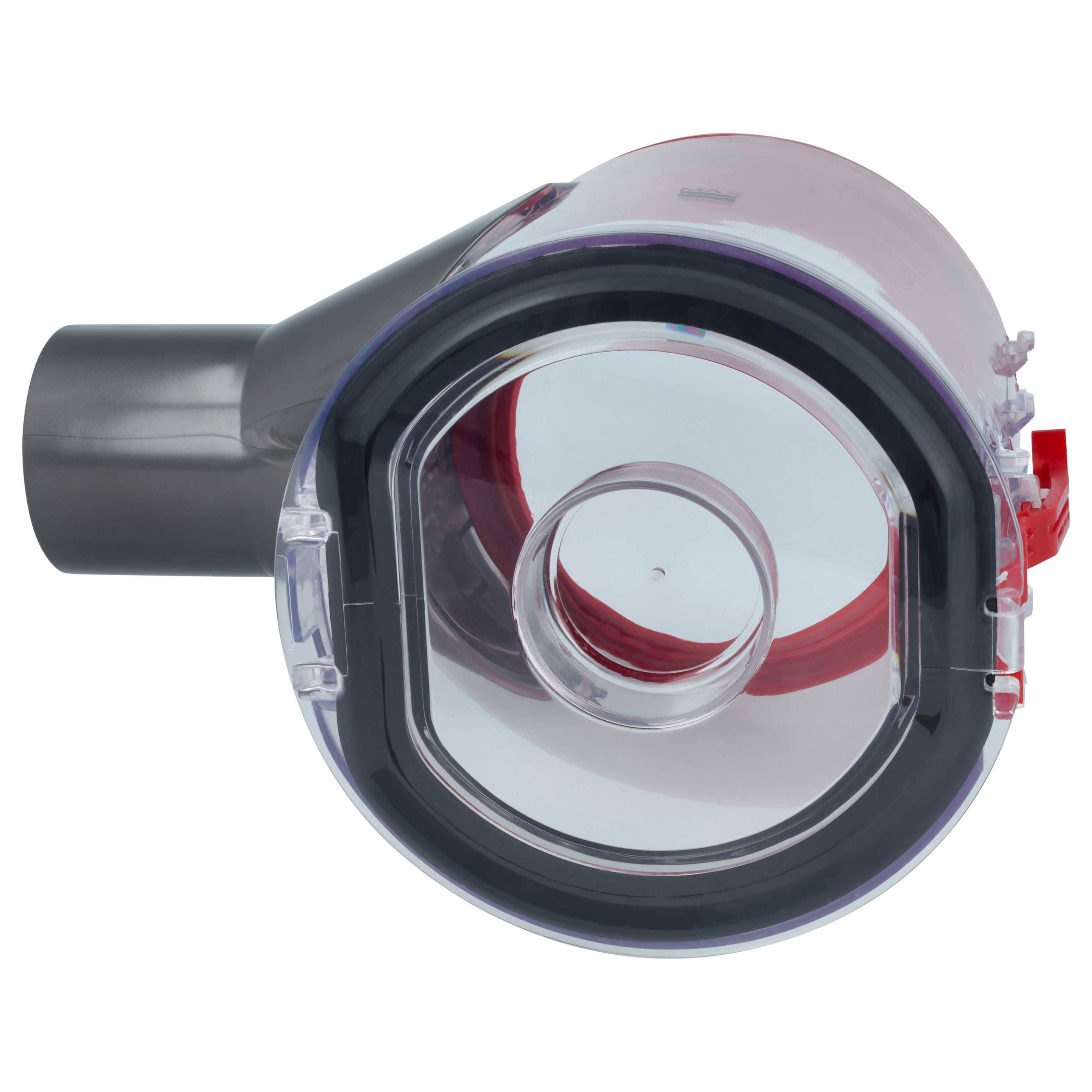 Transparenter runder Staubsaugeraufsatz mit grauem Anschluss und roten Akzenten, verwendet für effiziente Saugkraft und Schmutzentfernung.