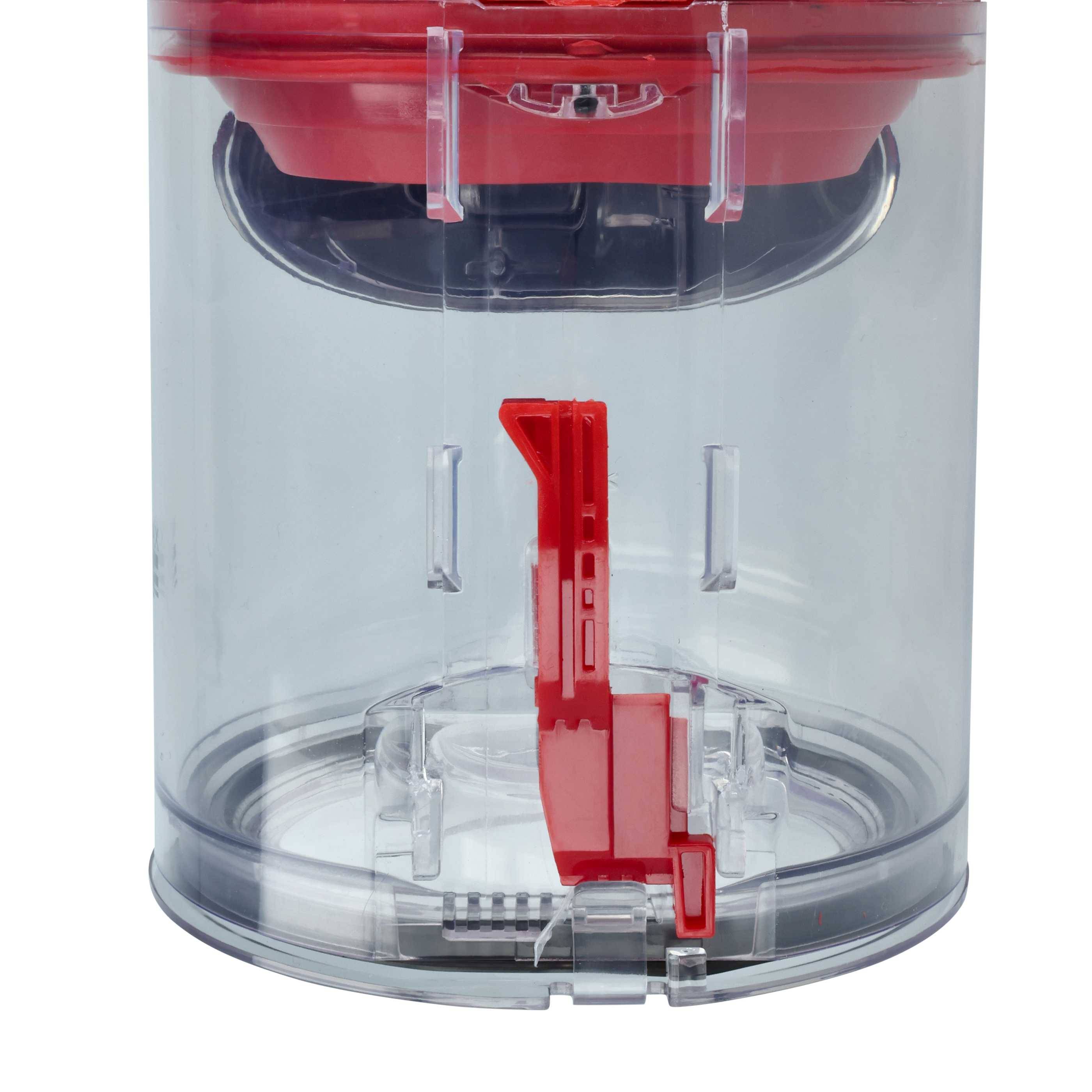 Ein transparenter zylindrischer Behälter mit einem roten Deckel und einem roten Hebel im Inneren, möglicherweise zur Lagerung oder Ausgabe verwendet.