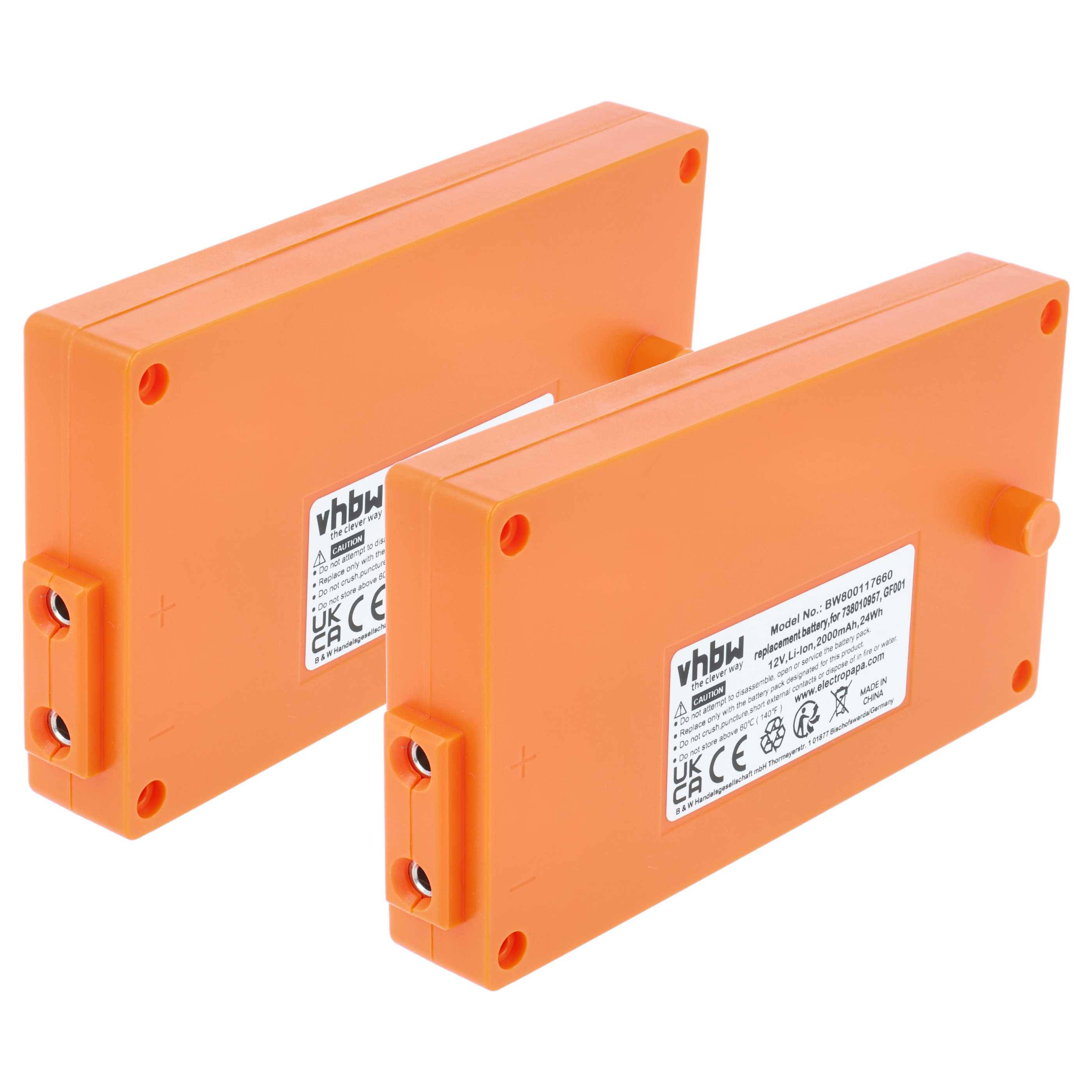 Zwei orangefarbene rechteckige Lithium-Ionen-Akkupacks mit Etiketten, die Modell und Sicherheitszertifizierungen anzeigen.