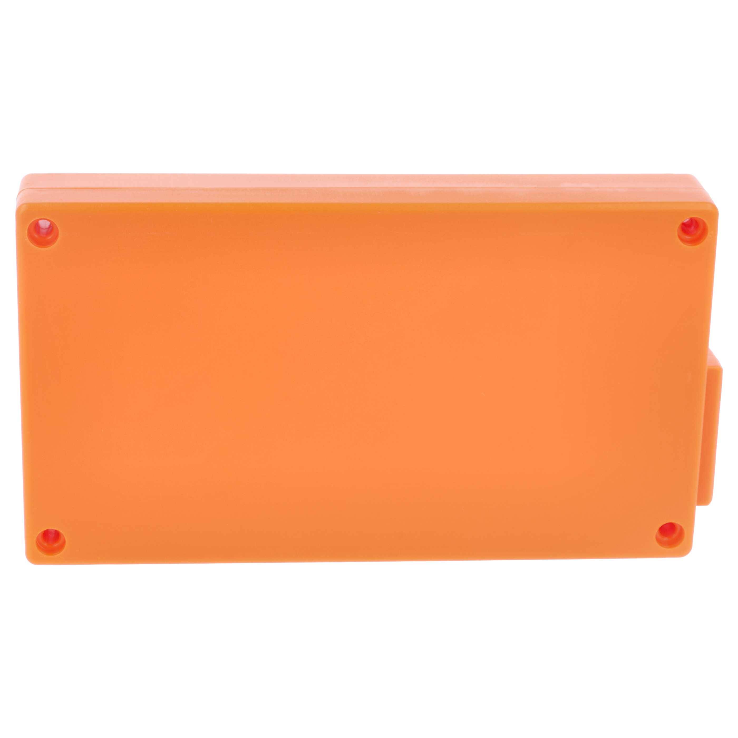 Orangefarbene rechteckige Box mit abgerundeten Kanten und einem Deckel, der durch vier Schrauben gesichert wird, von oben betrachtet.