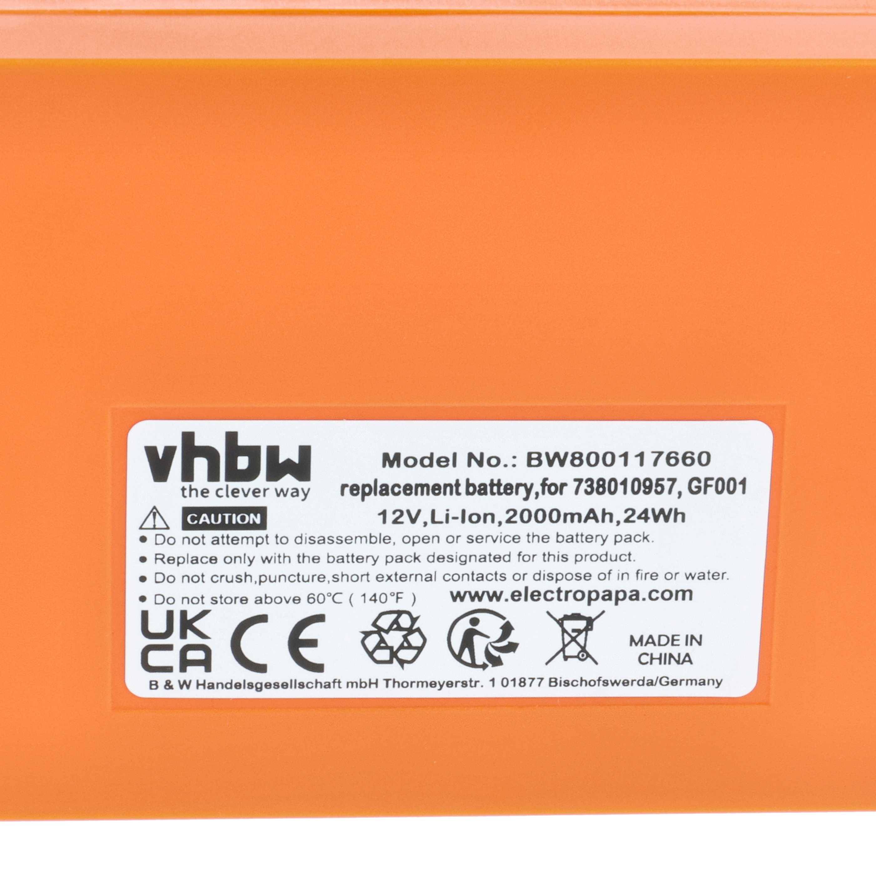 VHBW Akku Modell-Nr. BW800117660, 12V, Lithium-Ionen, 2000mAh, 24Wh, für 738010957 GF001. Nicht Feuer oder Wasser aussetzen.