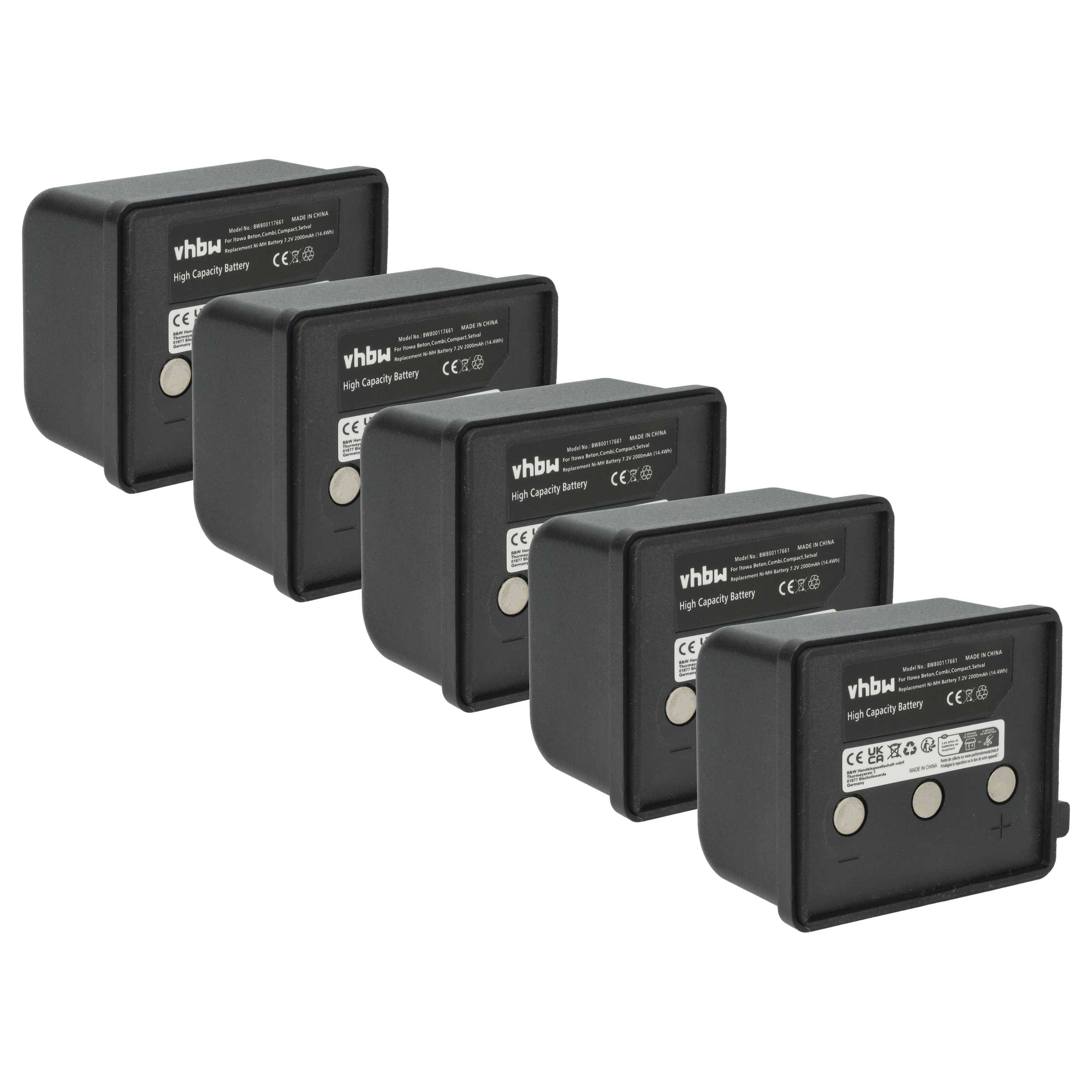 Fünf schwarze rechteckige vhbw Hochkapazitätsbatterien, diagonal angeordnet, mit Zertifizierungssymbolen und Spezifikationen auf ihren Etiketten.