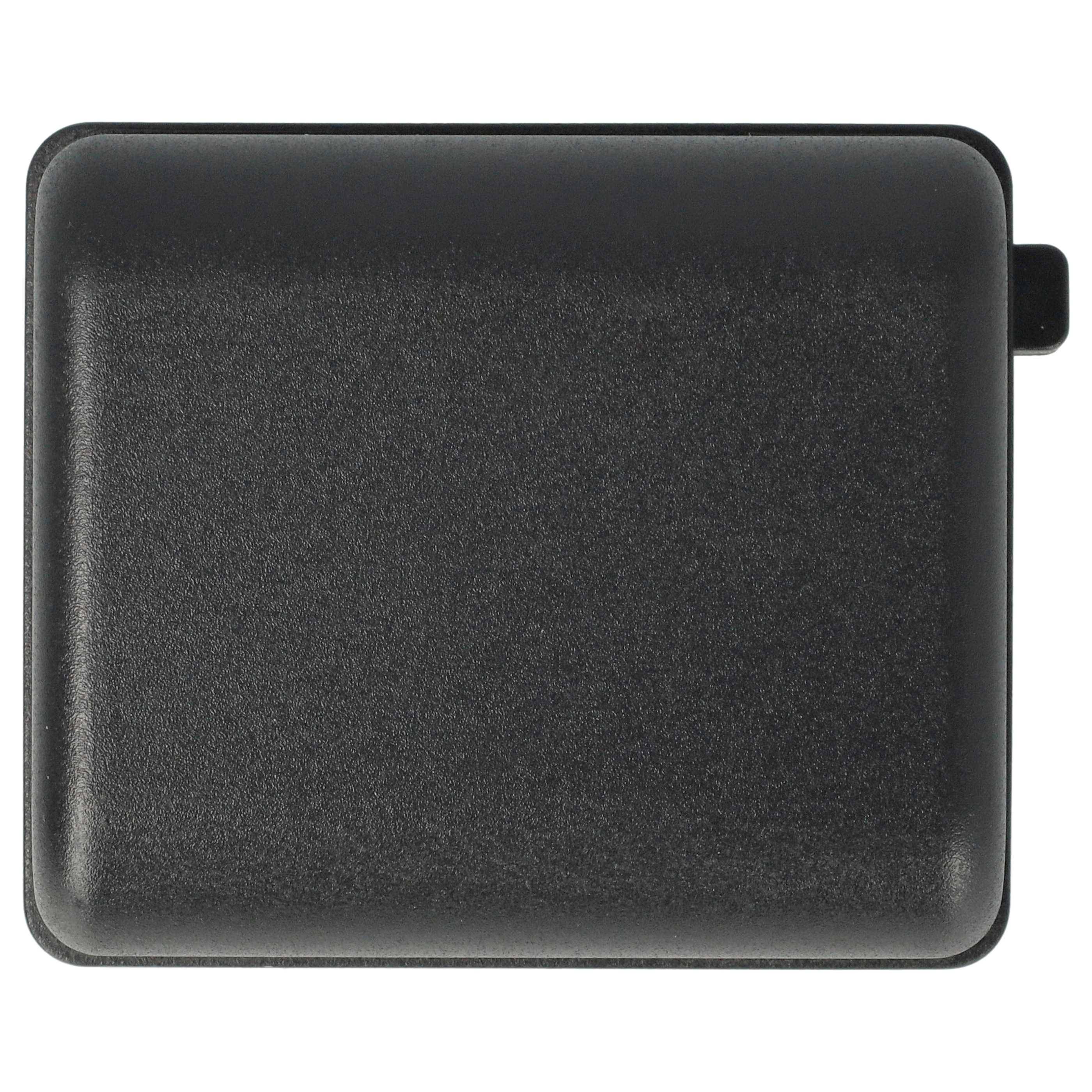 Eine schwarze, rechteckige Batterie mit einem kleinen Anschluss, der an einer Seite herausragt, und die für elektronische Geräte konzipiert ist.