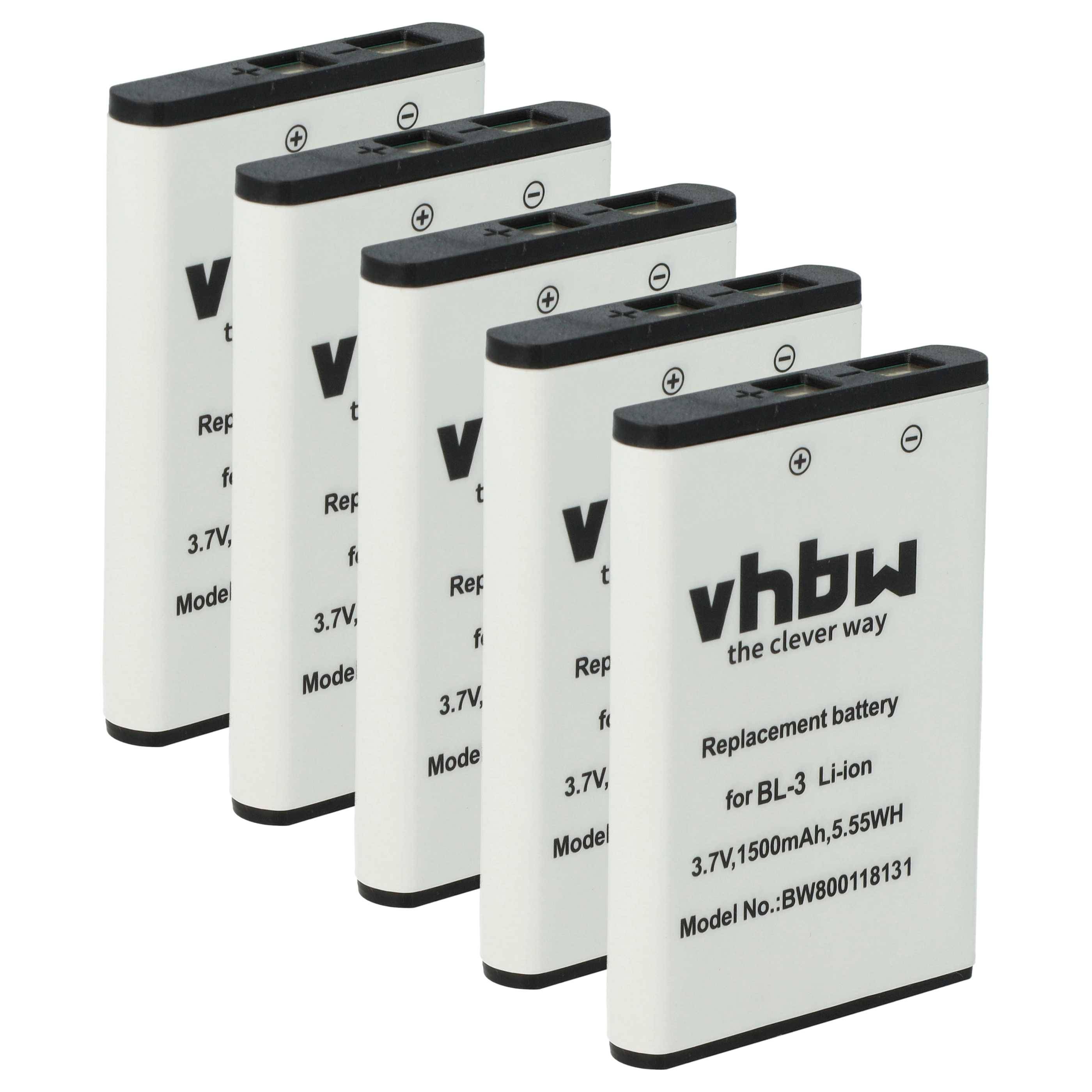 Fünf vhbw Ersatzbatterien für BL-3, jeweils 3,7V, 1500mAh, 5,55Wh, sind in einer Reihe aufgereiht und tragen das Modell BW800118131.