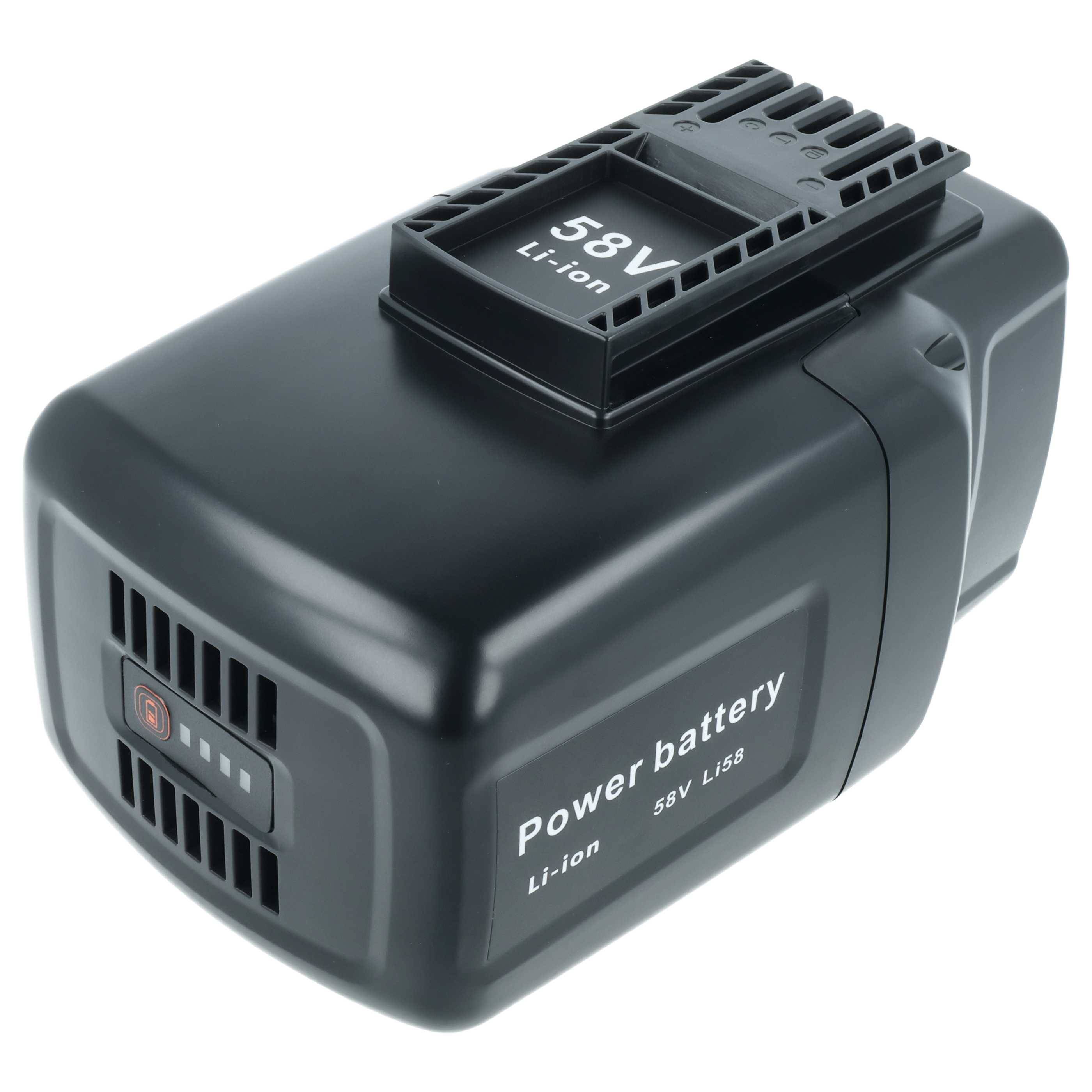 Eine schwarze 58V Li-Ionen-Leistungsbatterie mit Kühlschlitzen und einem sichtbaren Ladezustandsanzeiger.