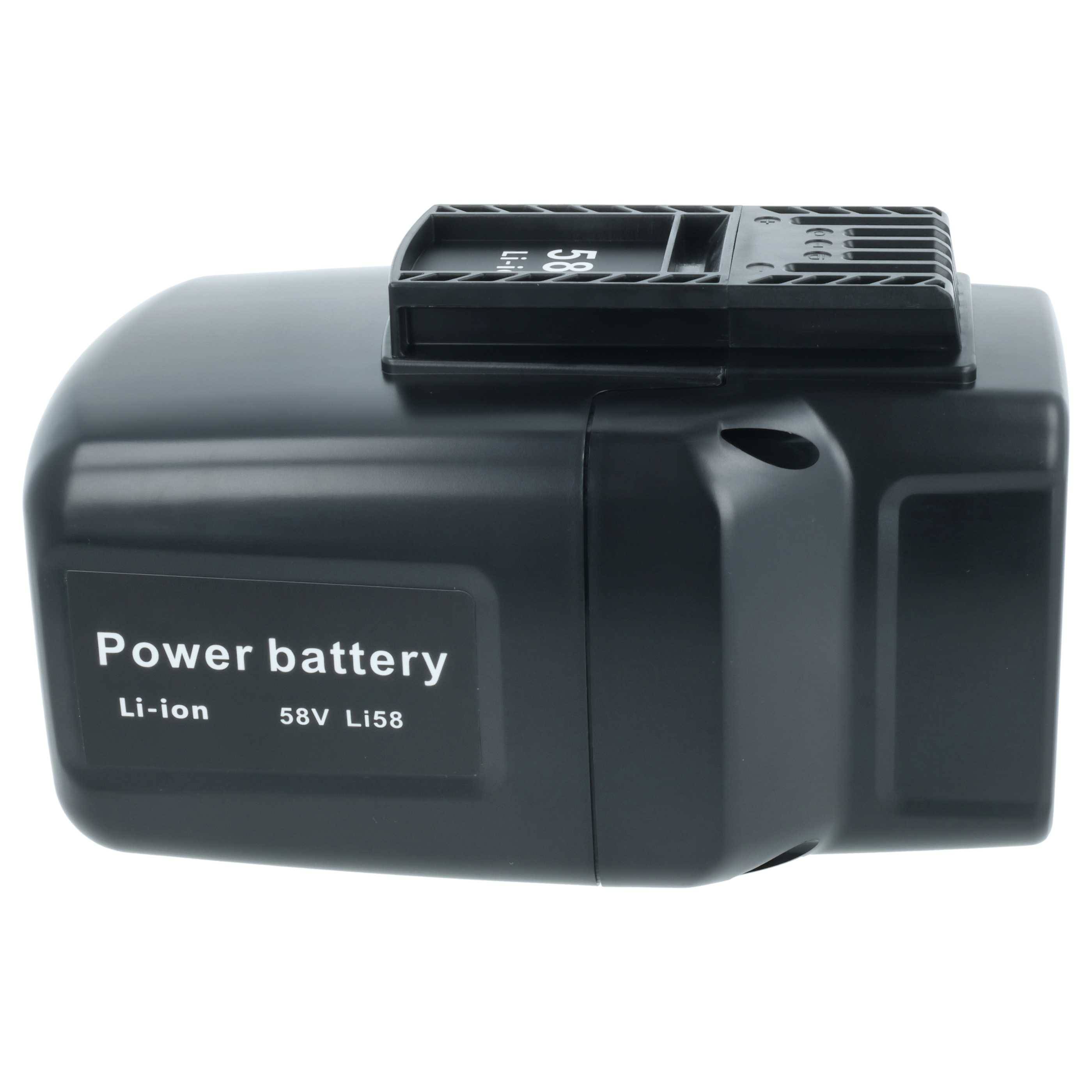Eine schwarze 'Power-Batterie', beschriftet mit 'Li-ion, 58V Li58', mit einem sichtbaren Anschluss oben, wahrscheinlich für elektronische Geräte oder Werkzeuge.