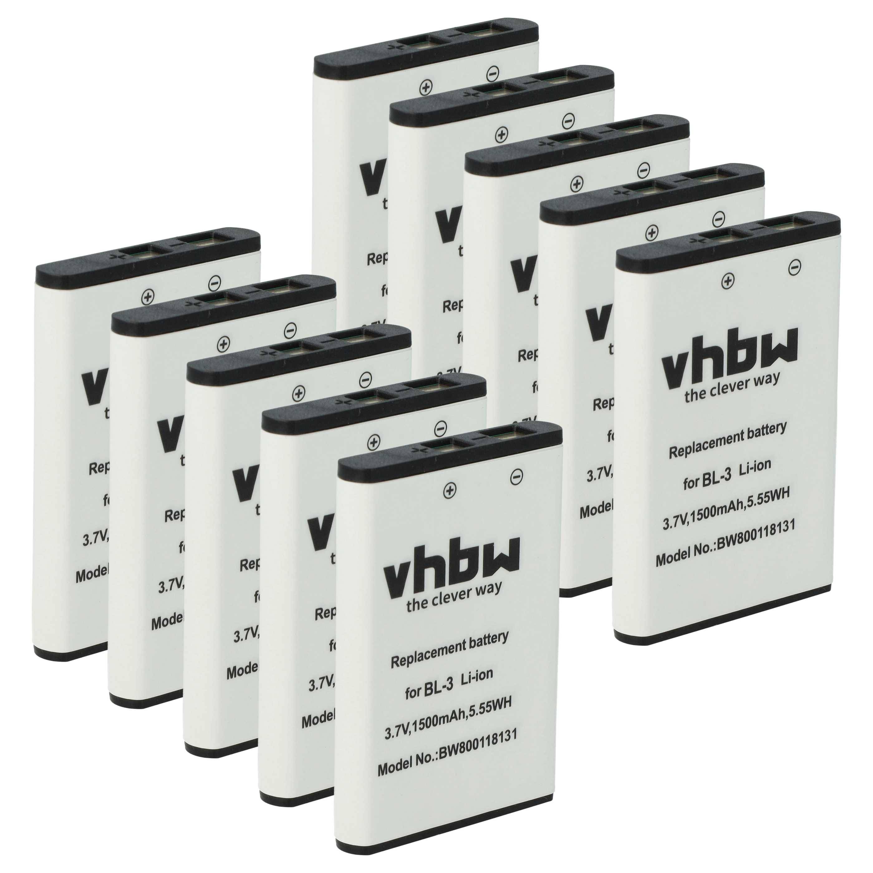 Zehn identische vhbw Lithium-Ionen-Ersatzbatterien, Modell BW80018131, jeweils mit einer Kapazität von 3,7V, 1500mAh, 5,55Wh, stehen in Reihen.