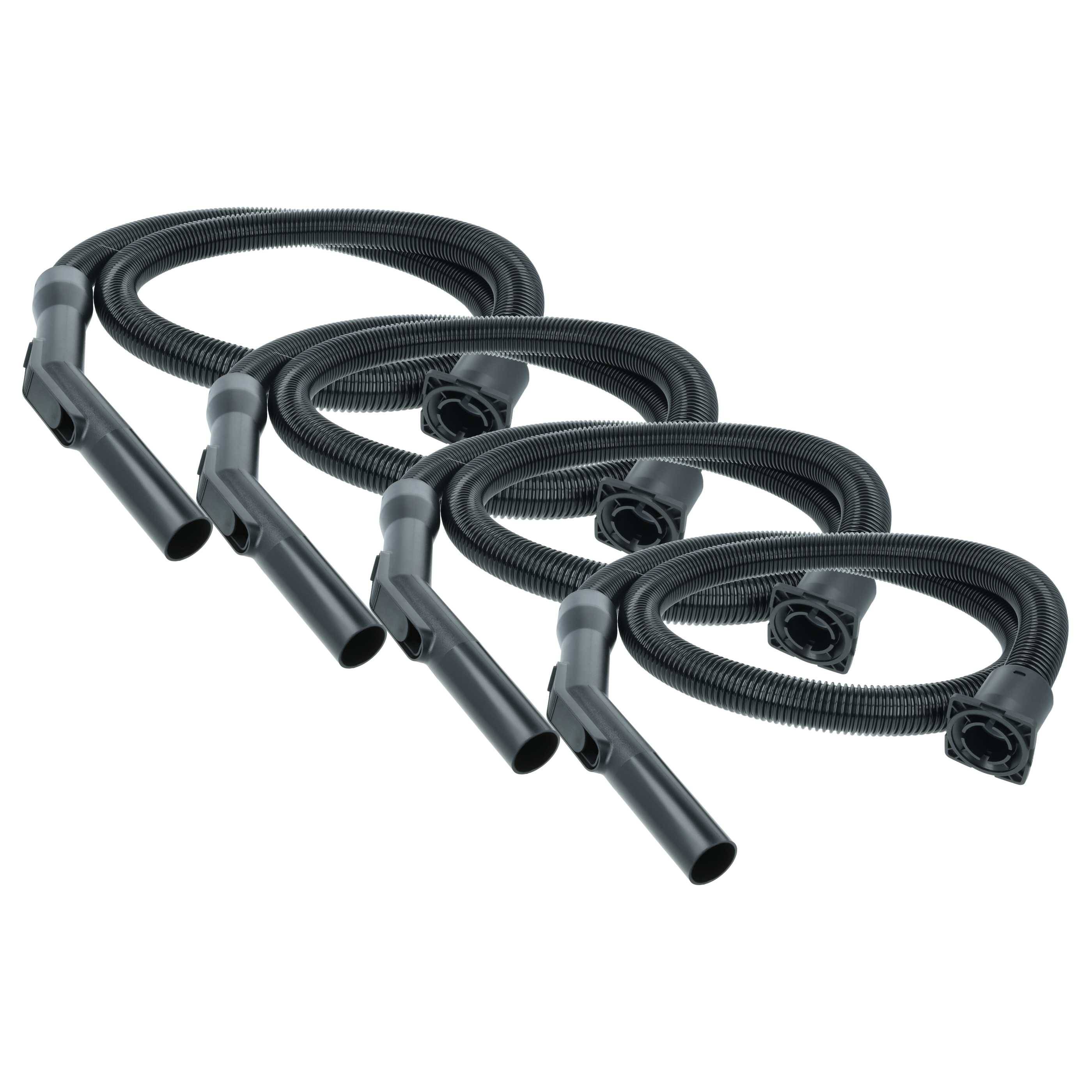Vier schwarze flexible Saugeschlauchanbauteile, aufgewickelt und nebeneinander platziert, jedes mit einer Düse und einem Anschluss.