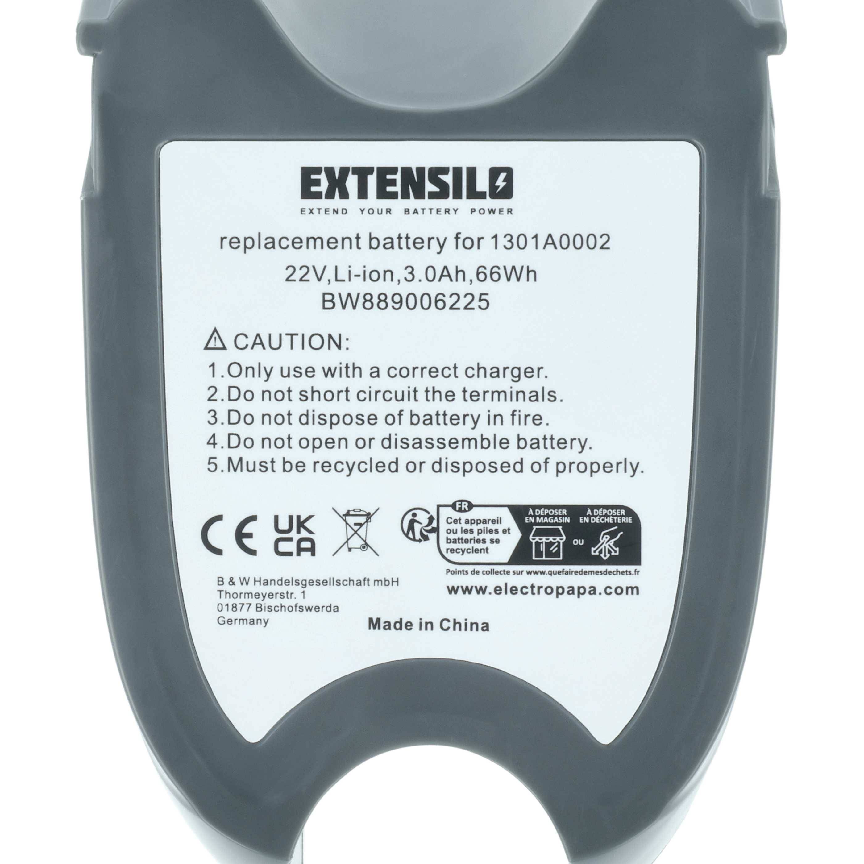 Batteriebezeichnung für 'Extensilo' Modell 1301A0002: 22V, Li-Ion, 3,0Ah, 66Wh. Sicherheitshinweise: Verwenden Sie nur das passende Ladegerät, nicht auseinanderreißen oder zerlegen.