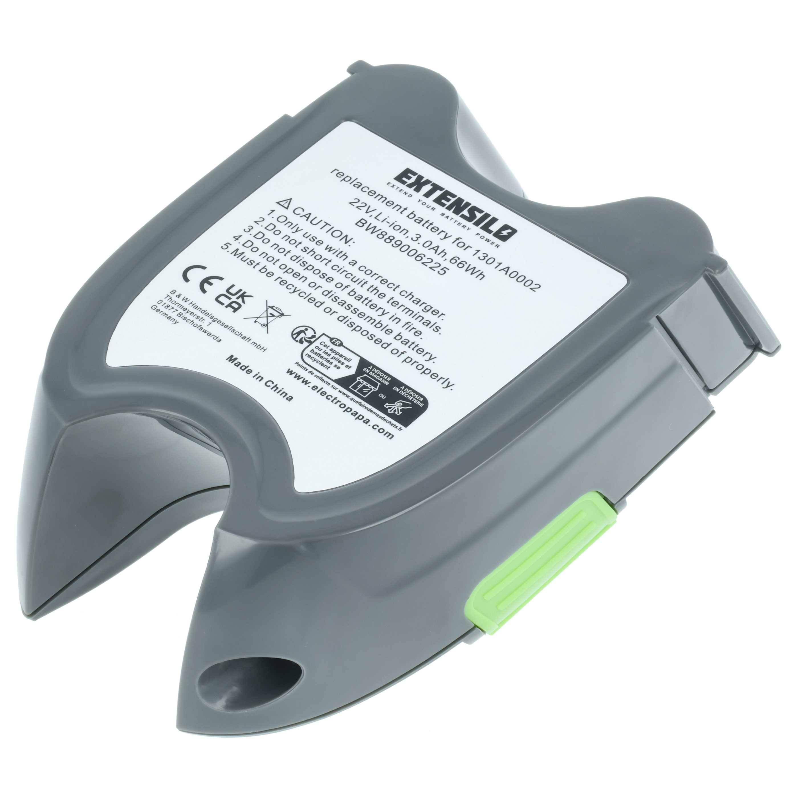 Akkupack mit Aufschrift 'EXTENSILO', für Modell 6911470100003, 21,6V, 3500mAh. Graues Gehäuse mit limegrünen Akzenten.