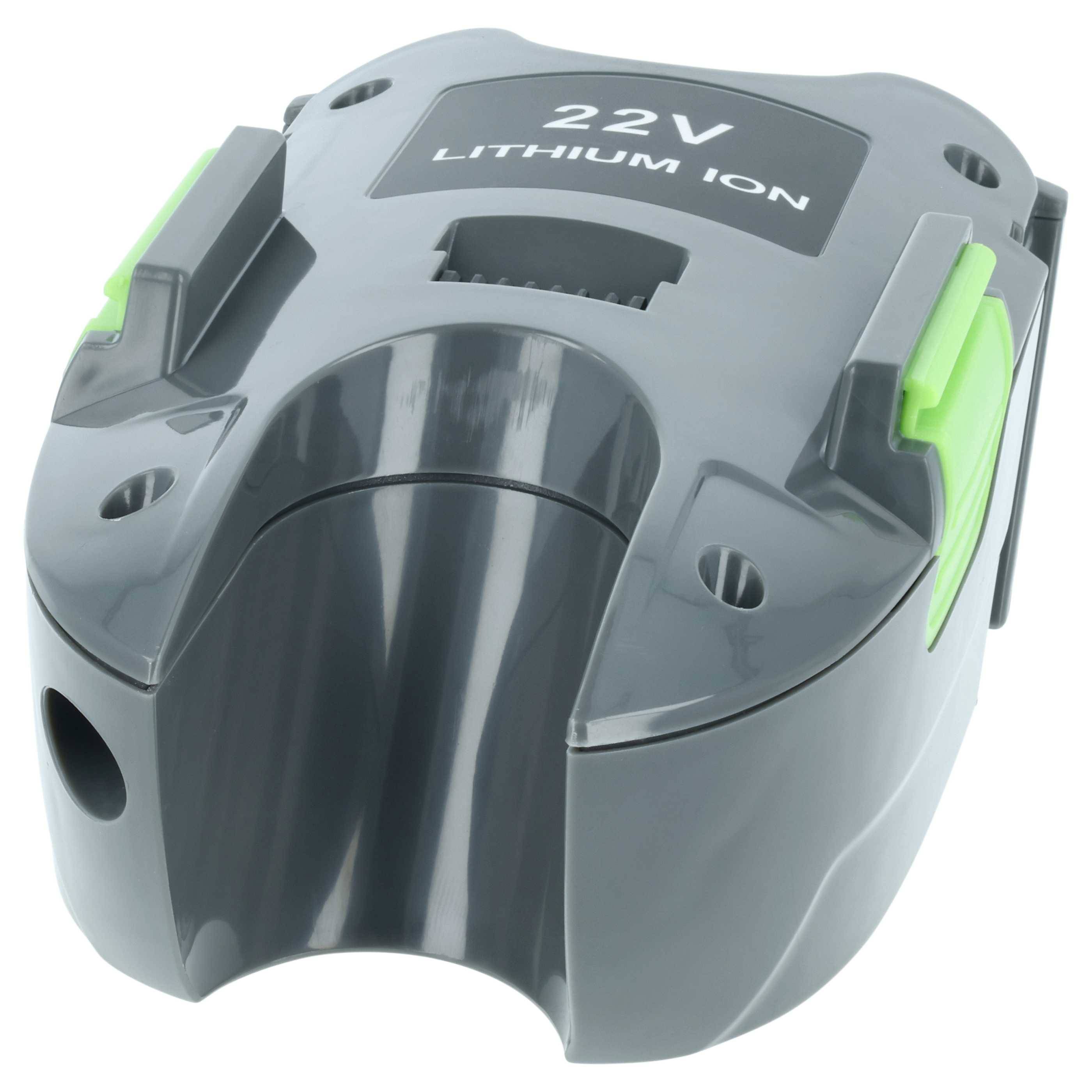 Ein grauer 22V-Lithium-Ionen-Akkupack mit grünen Akzenten, entwickelt für Elektrowerkzeuge, zeigt seine Anschlussseite mit Verriegelungsmechanismen.