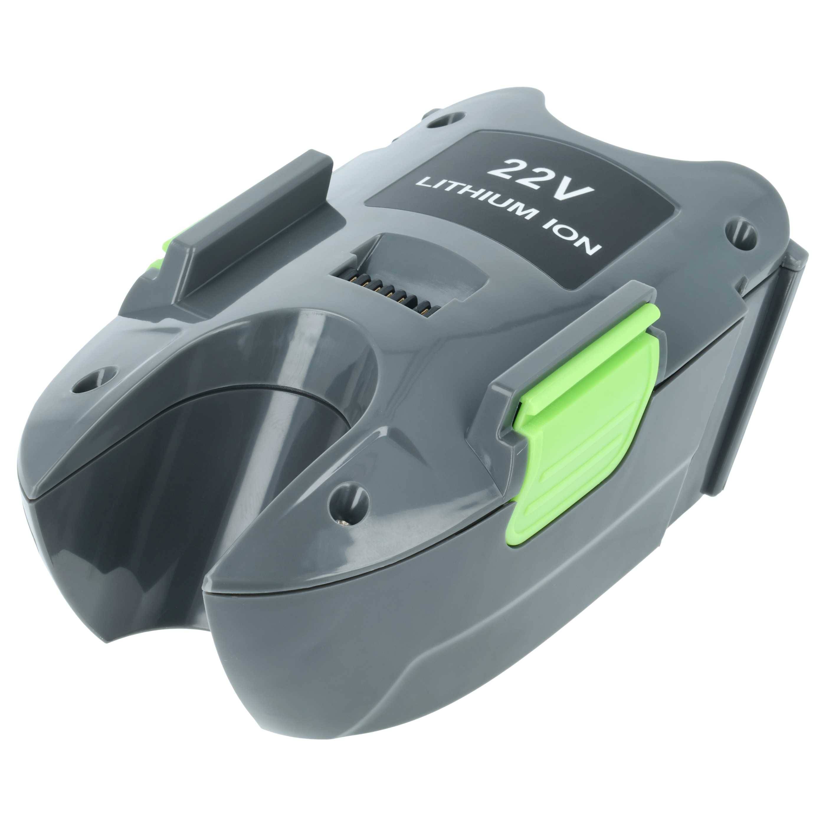 Lithium-Ionen-Akkupack, 22V, mit grünen Verriegelungsmechanismen und beschrifteter Gehäuse, konzipiert für Elektrowerkzeuge oder Geräte.