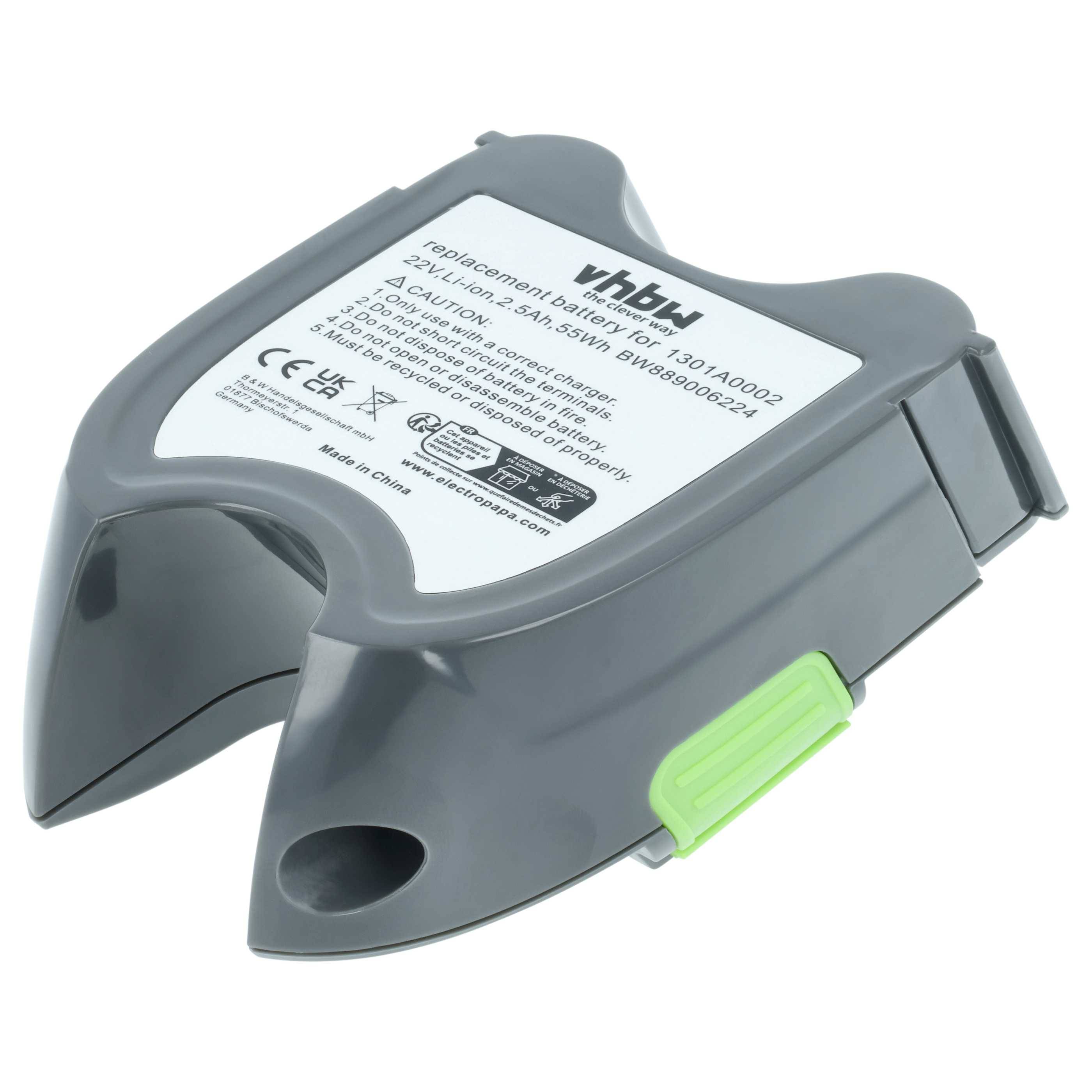 Ein Batterieadapter der Marke 'vhbw', bestehend aus grauen und grünen Komponenten, mit Sicherheits- und Spezifikationsdetails auf der Oberseite gedruckt.
