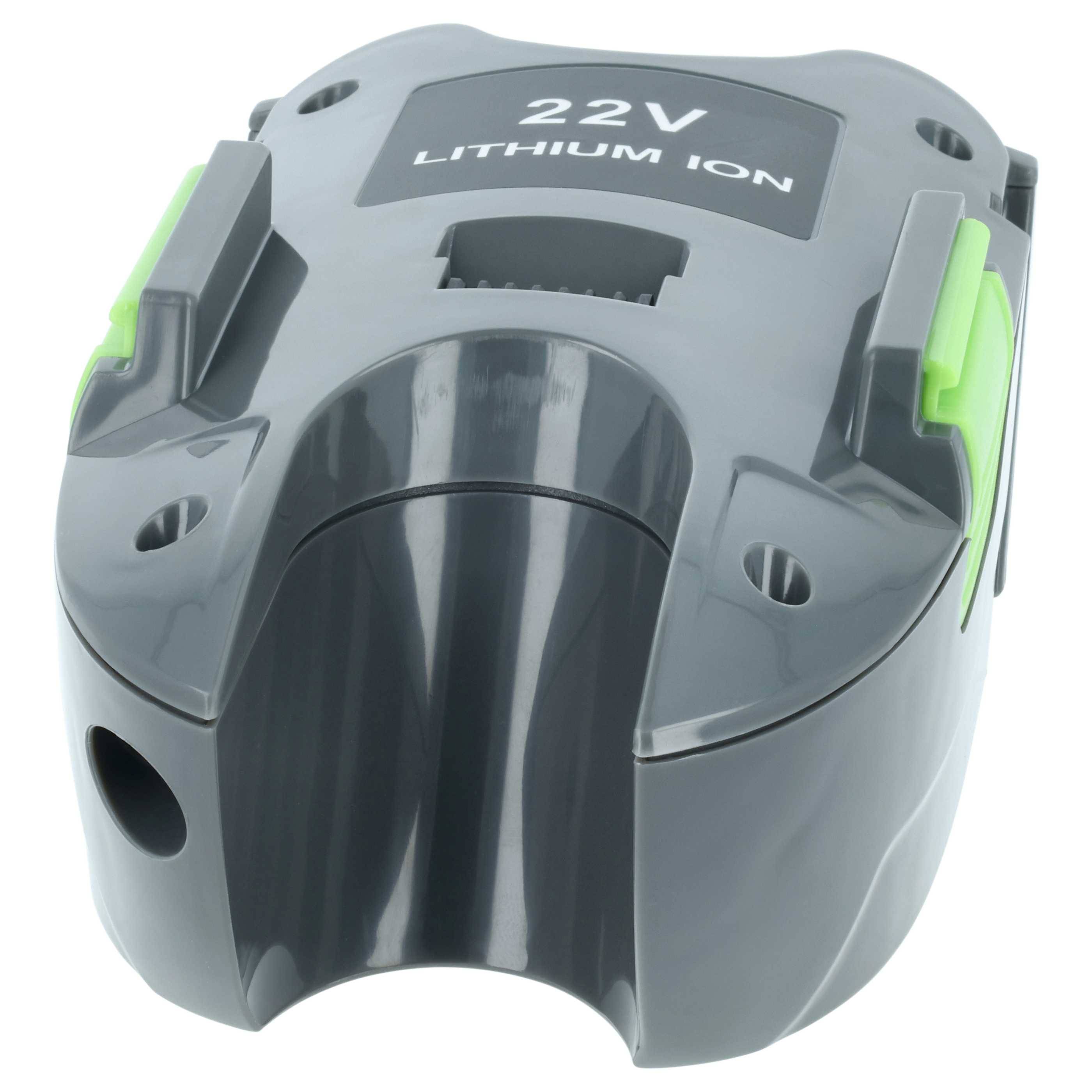 Ein grauer 22V-Lithium-Ionen-Akkupack mit grünen Seitenclips, entwickelt für Elektrowerkzeuge, mit kompakter und robuster Bauweise.