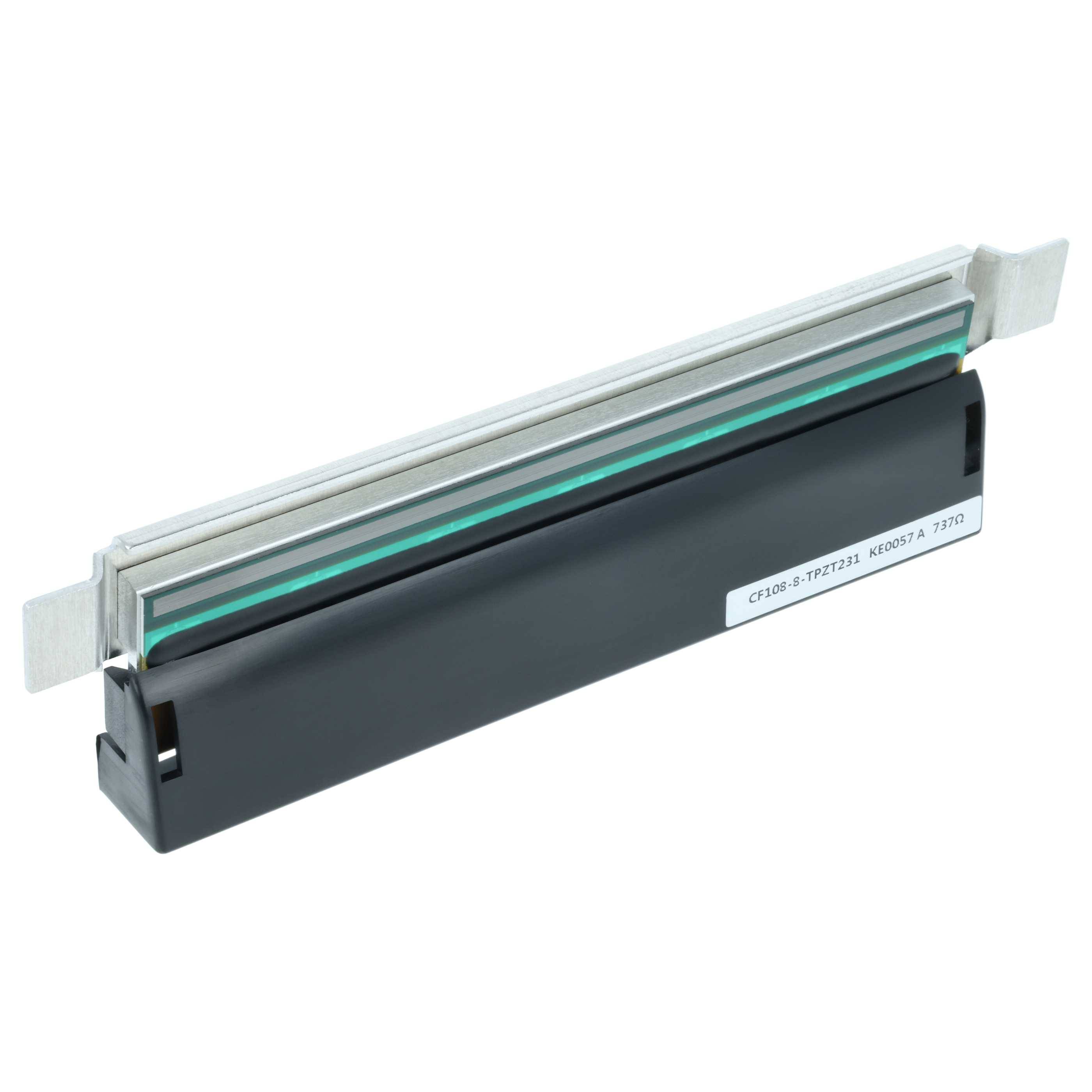 Ein Thermodruck-Druckkopf für ein Druckgerät, bestehend aus einem Metallstreifen und einem schwarzen Gehäuse, konzipiert für qualitativ hochwertige Thermodrucke.