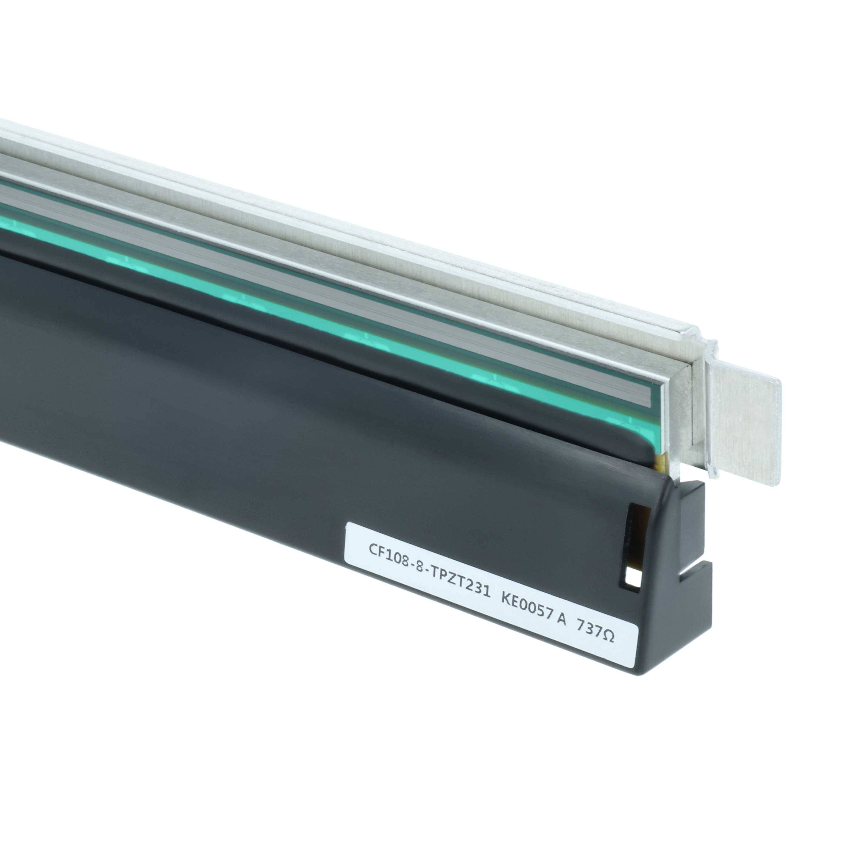 Eine Druckkopfkomponente mit metallischen und Kunststoffteilen, beschriftet mit 'CF108-8, TPX231, KE0057 A, 737Ω'.
