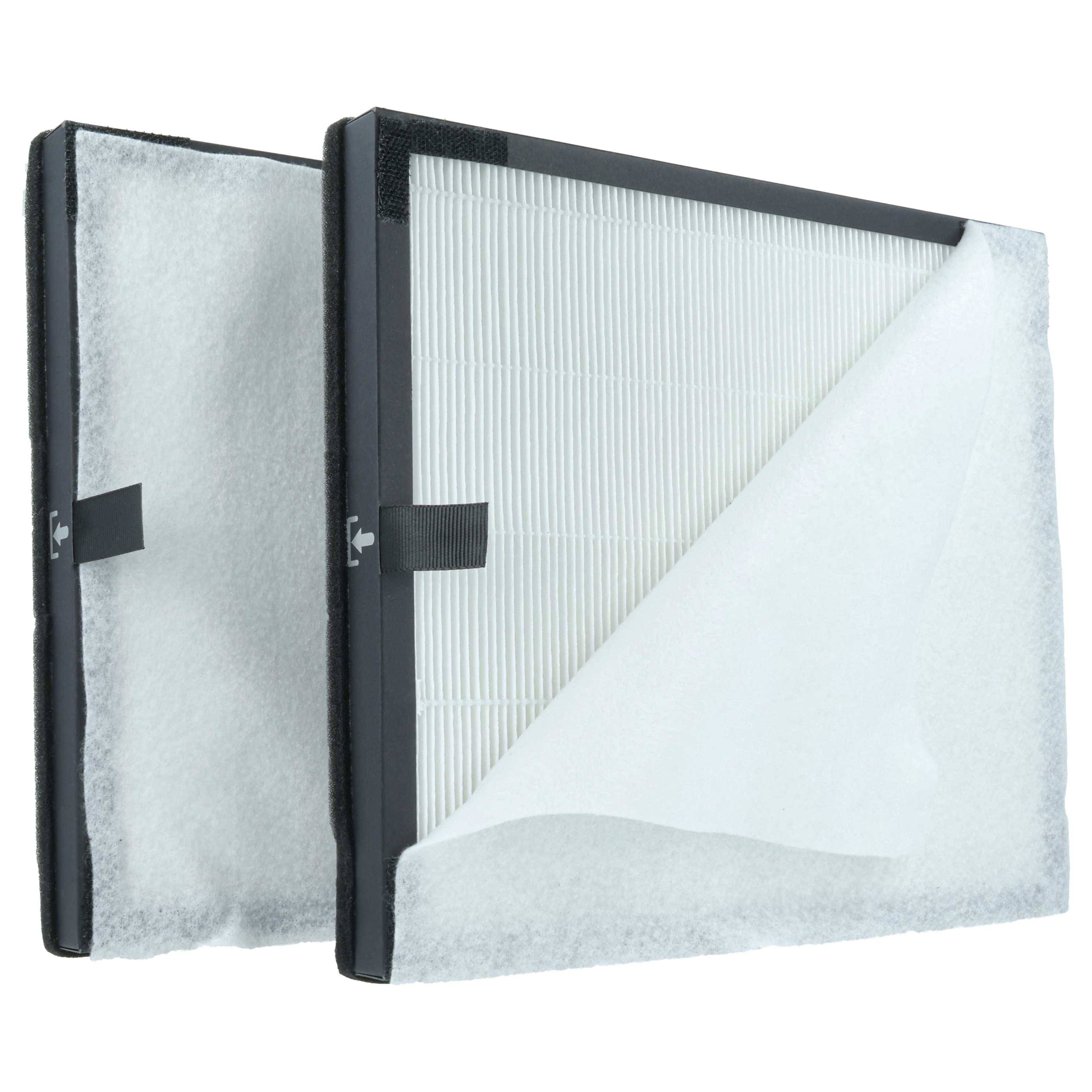 HEPA-Luftfilter mit weißem Stoff und schwarzen Kanten, einer teilweise enthüllten gefalteten Innenstruktur, verwendet für Luftreinigungssysteme.