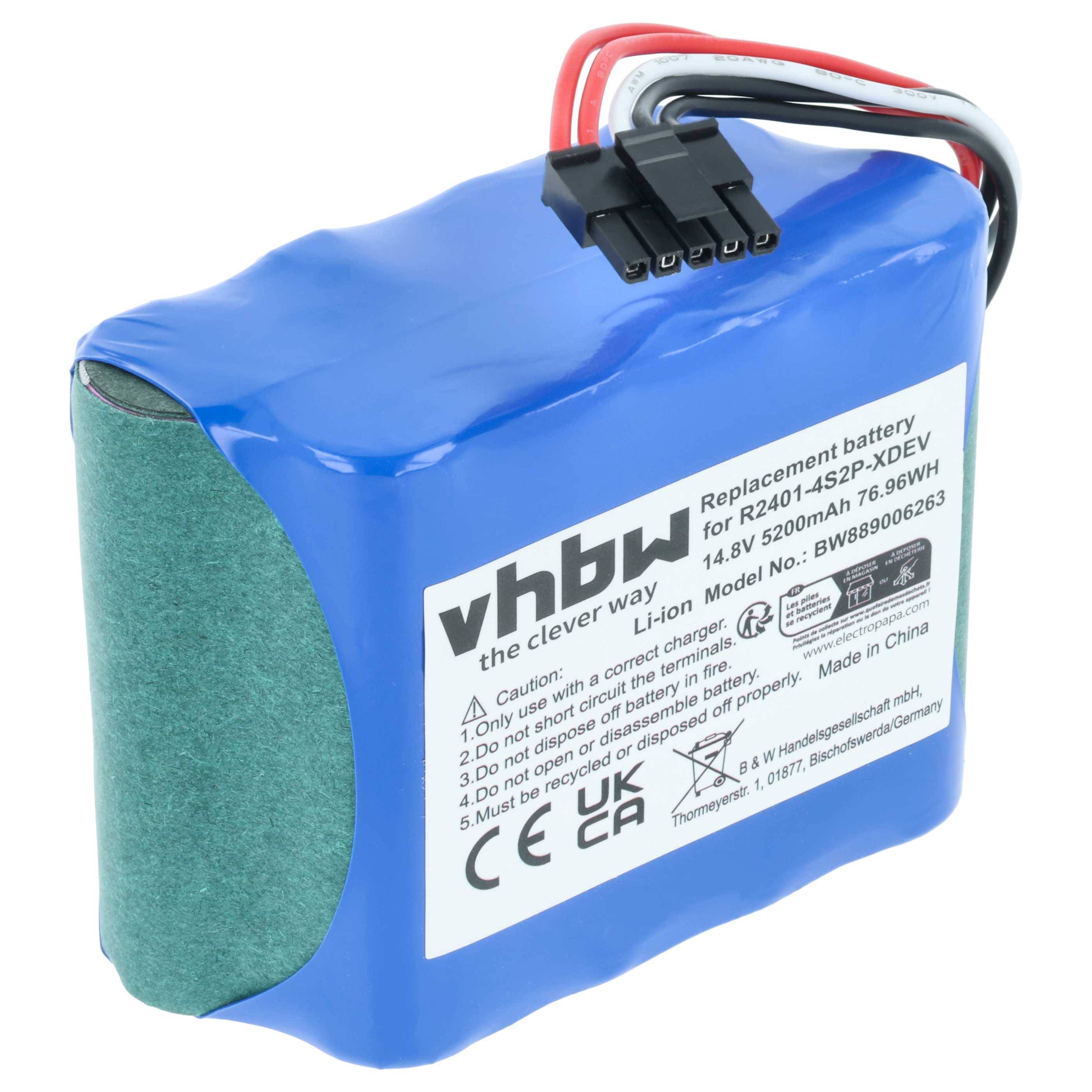 Eine blaue Lithium-Ionen-Ersatzbatterie mit einer Etikette mit detaillierten Spezifikationen: 14,8V, 5200mAh, 76,96Wh. Enthält Warn- und Konformitätssymbole.