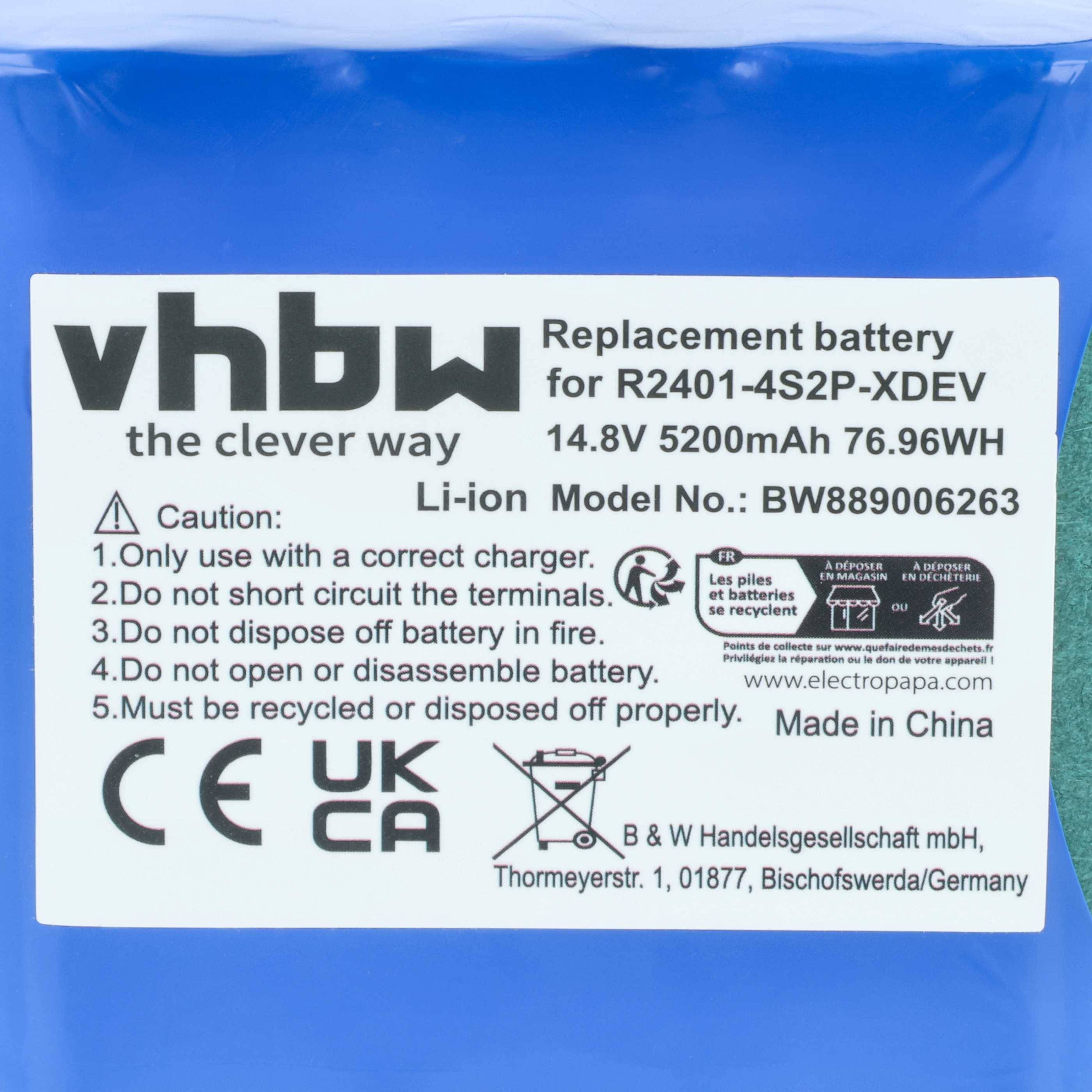 VHBW Batterieersatz für R2401-4S2P-XDEV, 14,8V, 5200mAh, 76,96Wh. Modell: AW886906263. Enthält Batteriewarnhinweise und Zertifizierungen.
