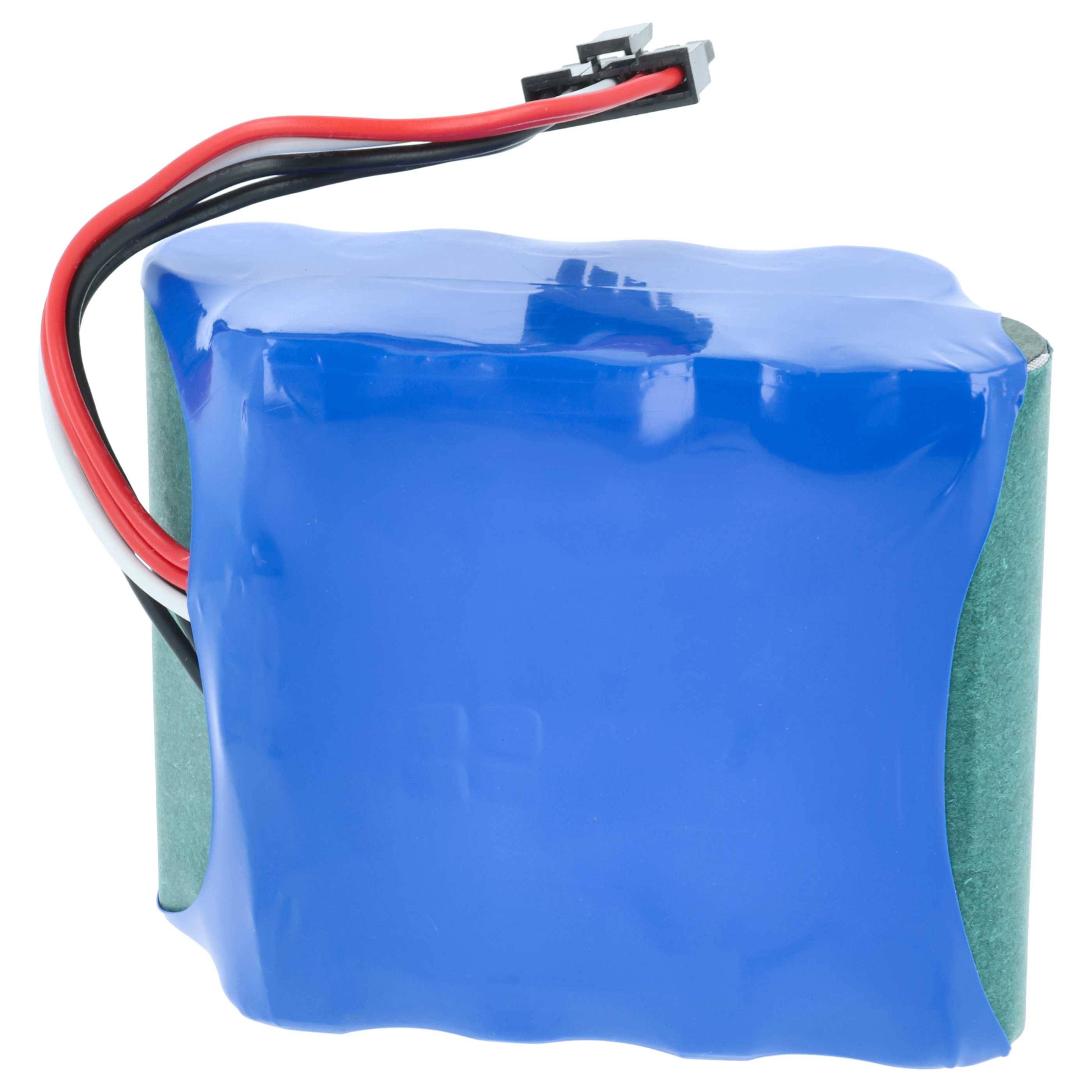 Eine blaue rechteckige Batteriebox mit schwarzen und roten Kabeln, die von einem Ende abstehen, verwendet zum Stromversorgen elektronischer Geräte.