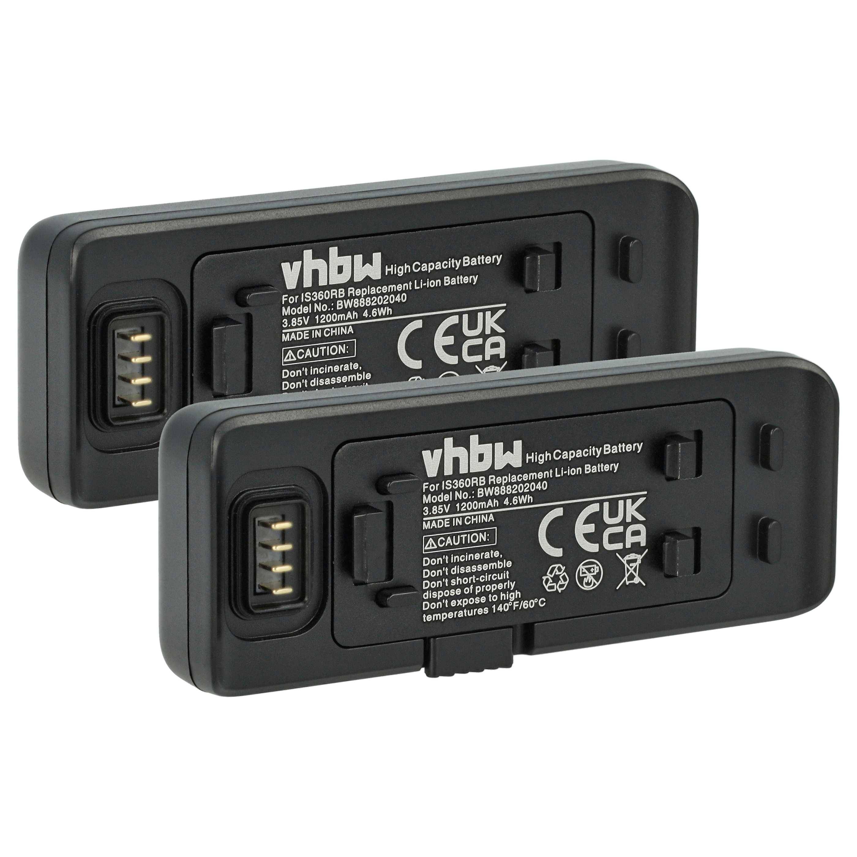 Zwei schwarze VHBW Lithium-Ionen-Akkus mit hoher Kapazität, gekennzeichnet für iRobot Roomba, 14,8V, 4900mAh, mit Vorsichtshinweisen und Zertifizierungszeichen.