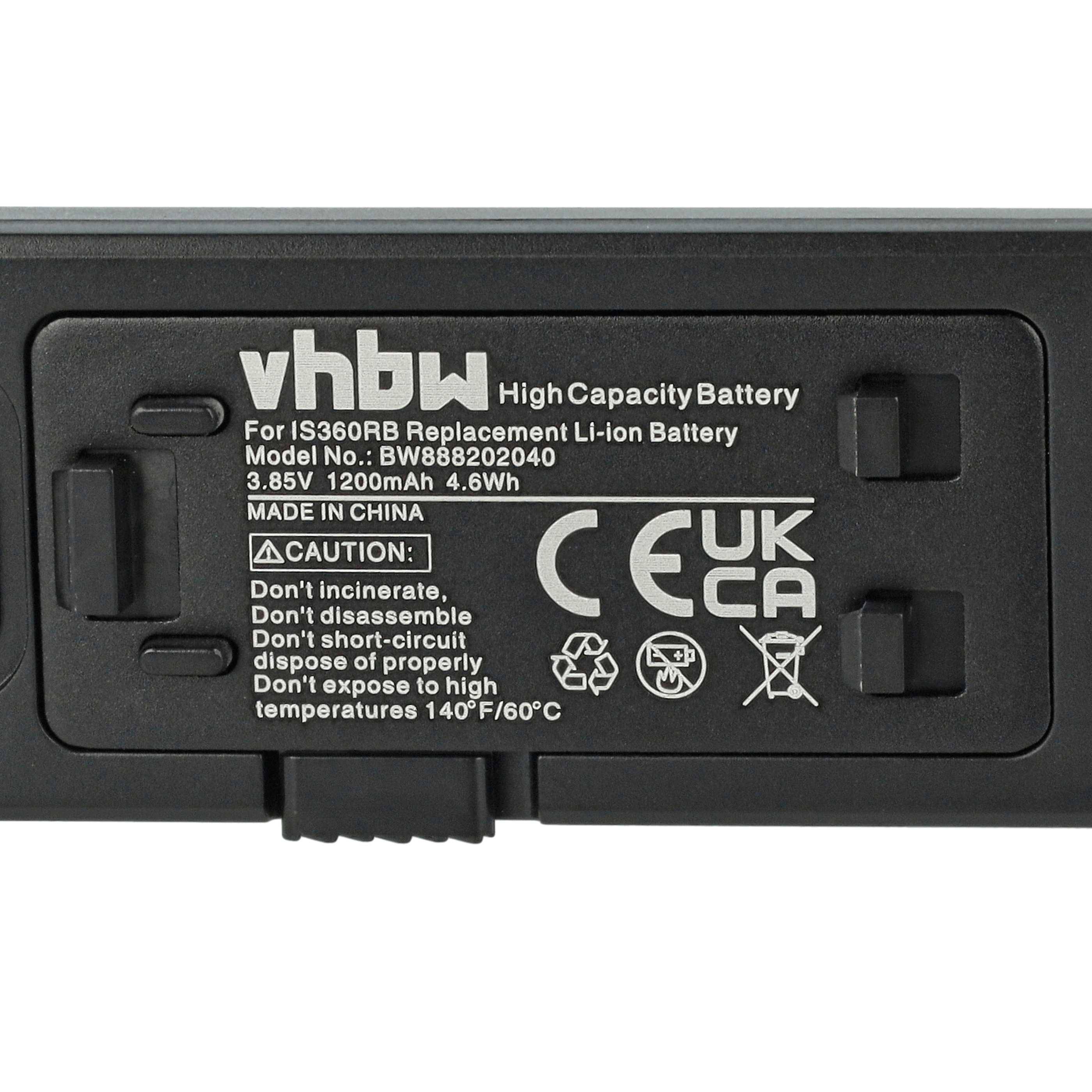 vhbw Hochleistungs-Akku, Ersatz für iS360RB Lithium-Ionen-Akku, Modell-Nr.: BW886202040, 3,85V 1200mAh 4,6Wh, Hergestellt in China.' Sicherheitssymbole und Warnhinweise werden ebenfalls angezeigt.