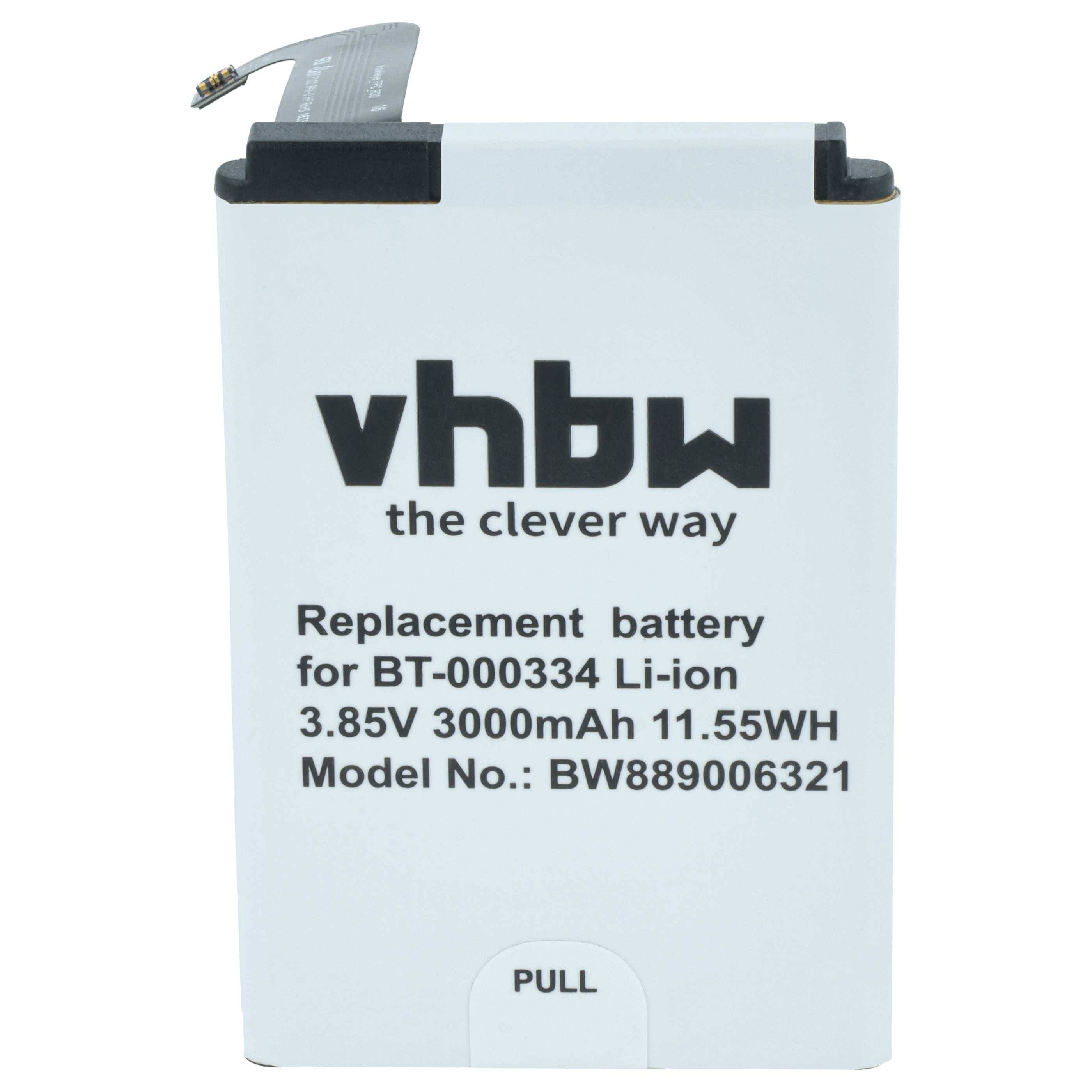 Akku mit Text: 'Ersatzakku für BT-000334 Li-ion, 3,85V 3000mAh 11,55WH.' Modellnummer BW889006321.
