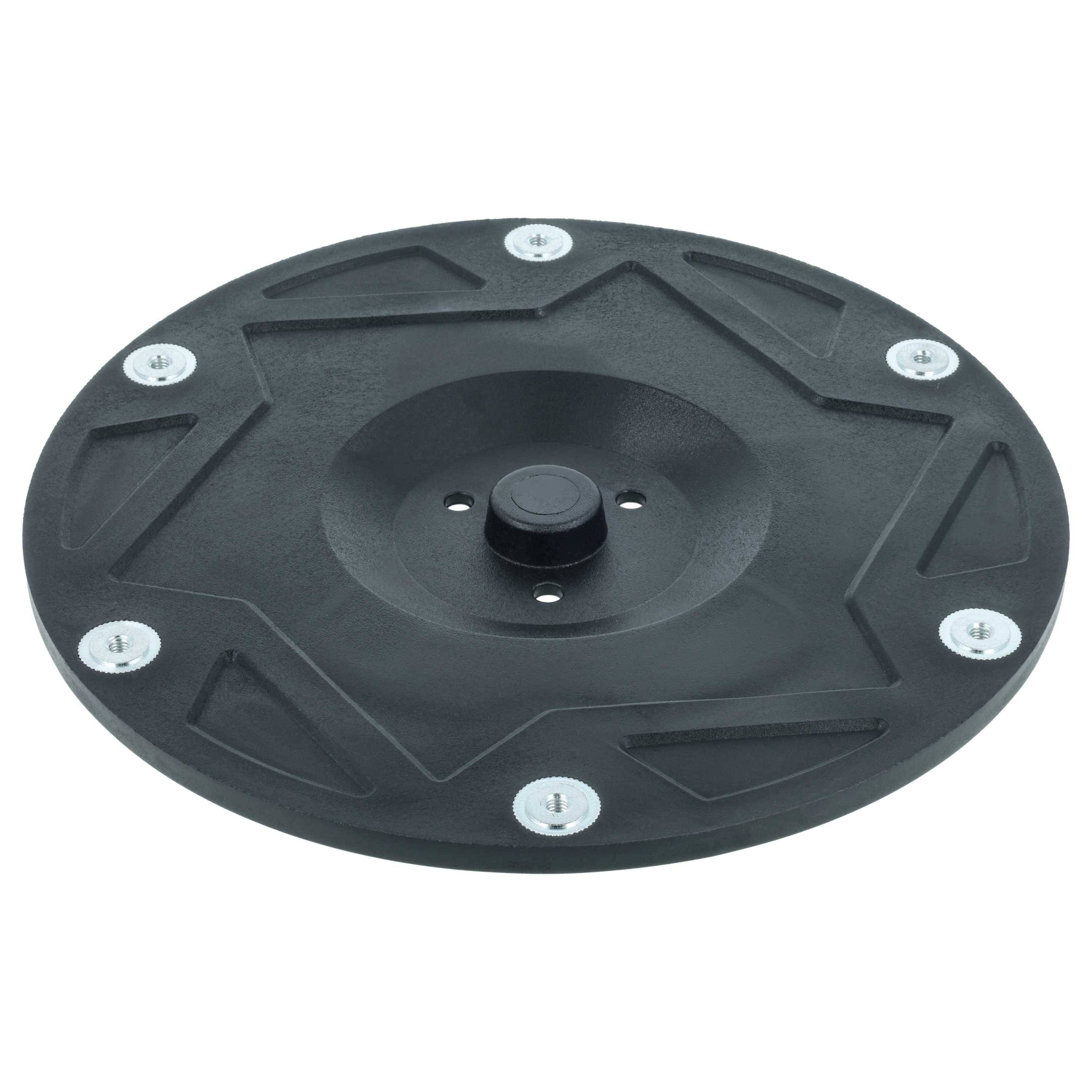 Eine runde, schwarze Metallplatte mit einem zentralen Montagenabe und sechs gleichmäßig um den Umfang verteilten Befestigungslöchern, konzipiert für mechanische Montage.